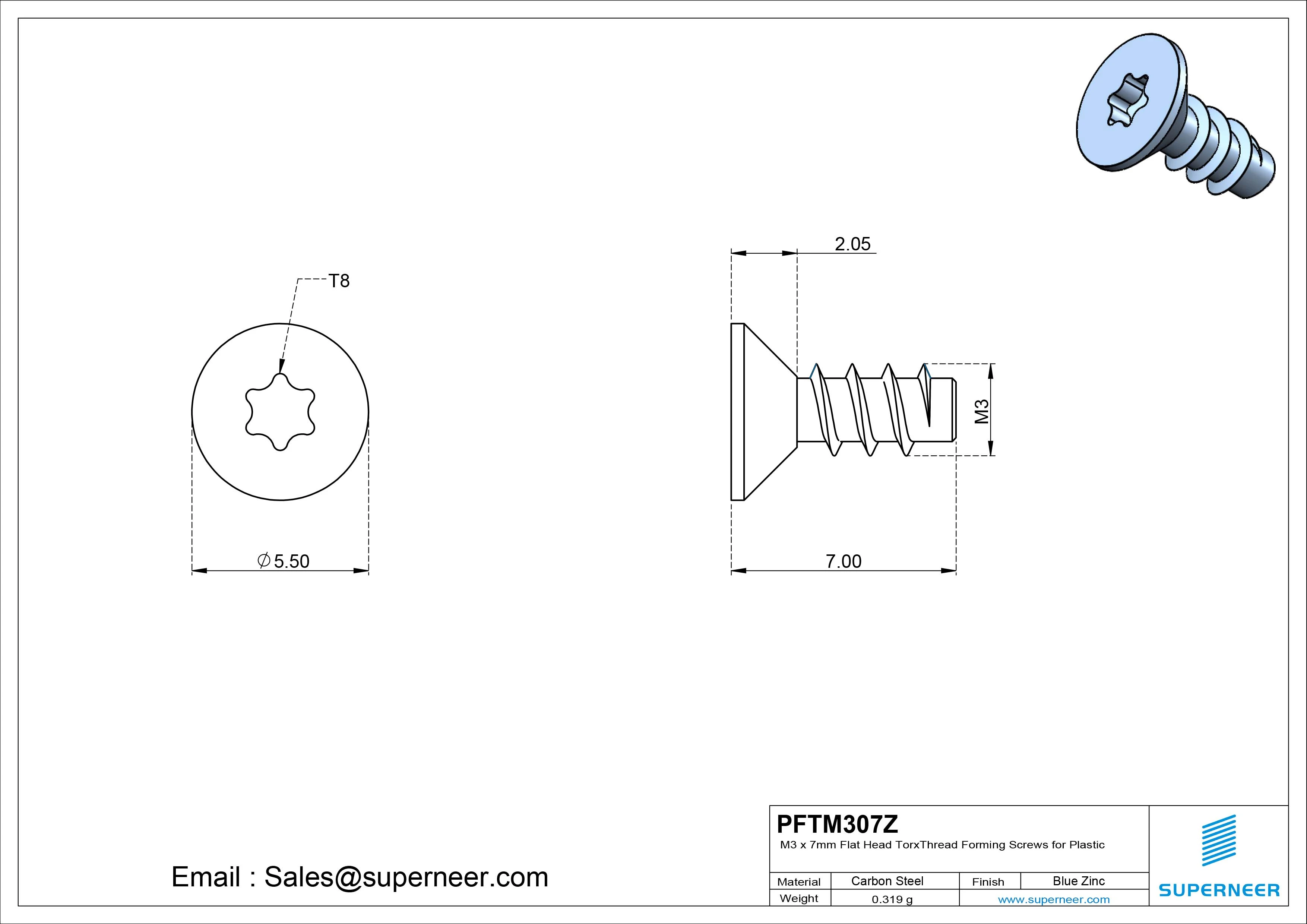 M3 &times; 7mm  Flat Head Torx Thread Foming Screws for Plastic   Steel Blue Zinc Plated