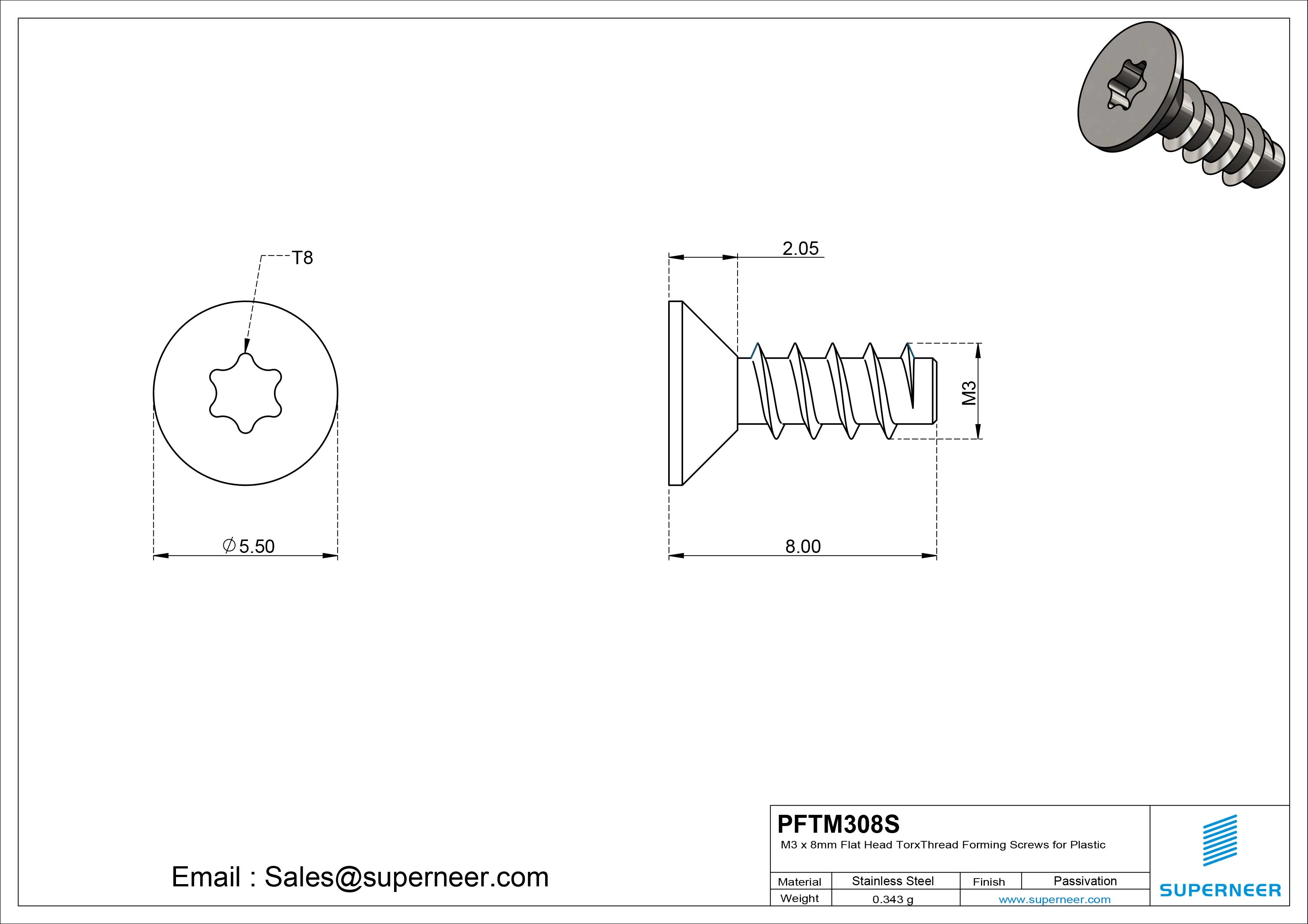 M3 &times; 8mm  Flat Head Torx Thread Foming Screws for Plastic SUS304 Stainless Steel Inox