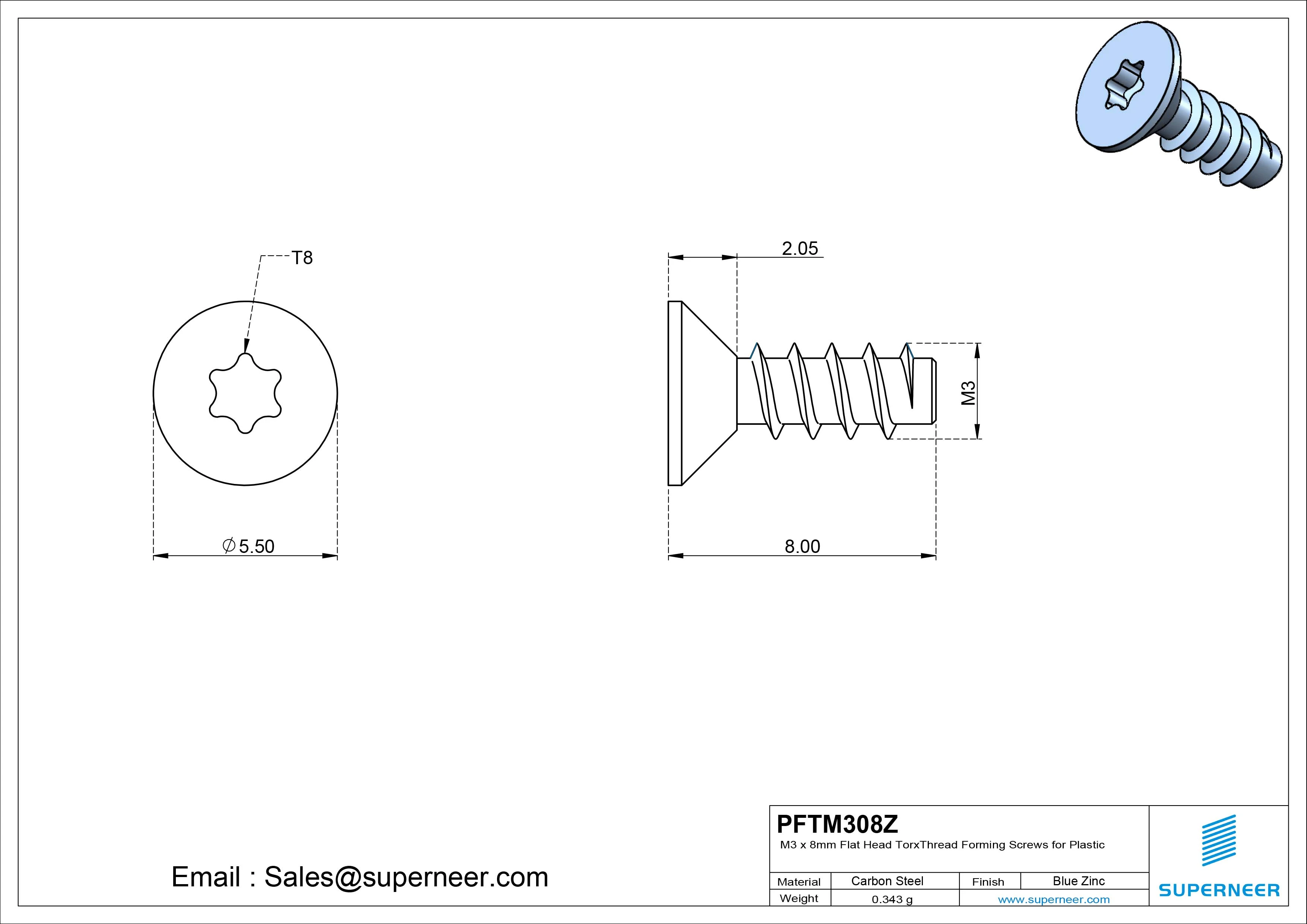 M3 &times; 8mm  Flat Head Torx Thread Foming Screws for Plastic   Steel Blue Zinc Plated