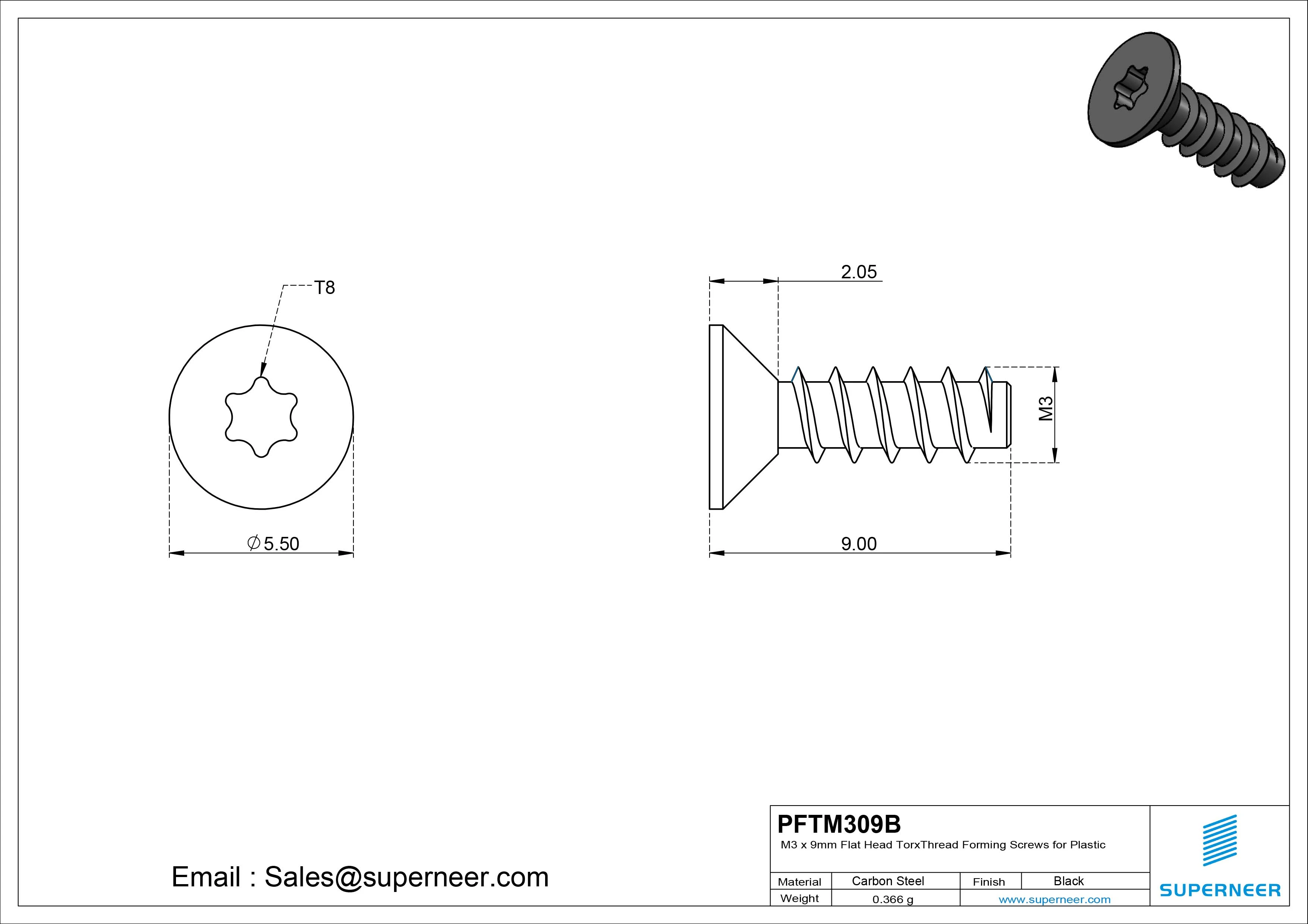 M3 &times; 9mm  Flat Head Torx Thread Foming Screws for Plastic   Steel Black