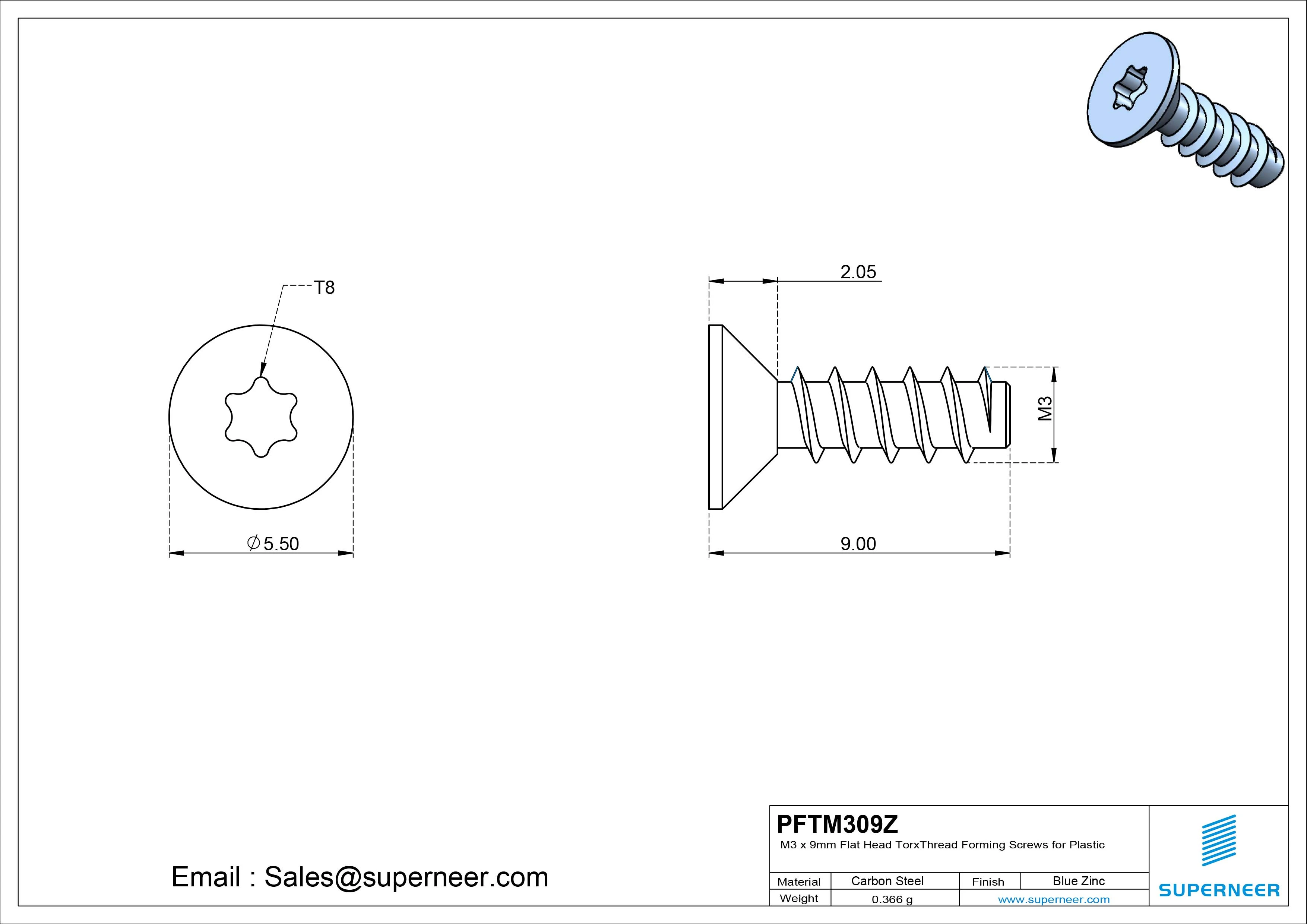 M3 &times; 9mm  Flat Head Torx Thread Foming Screws for Plastic   Steel Blue Zinc Plated