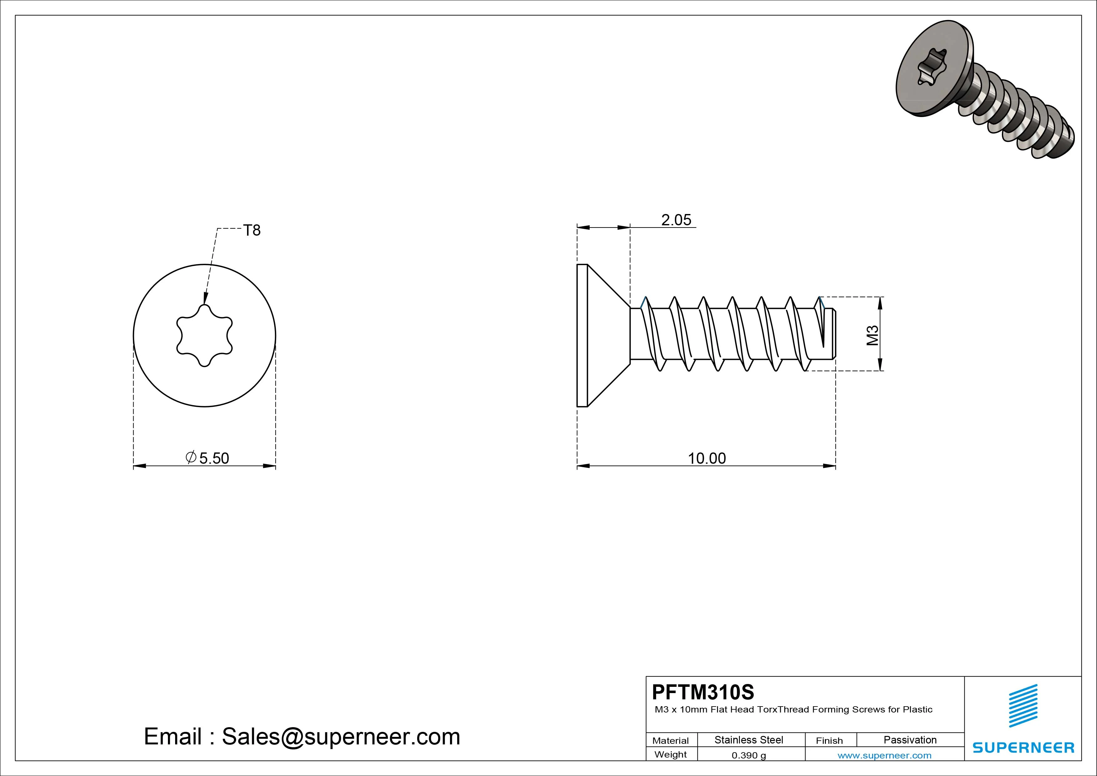 M3 &times; 10mm  Flat Head Torx Thread Foming Screws for Plastic SUS304 Stainless Steel Inox