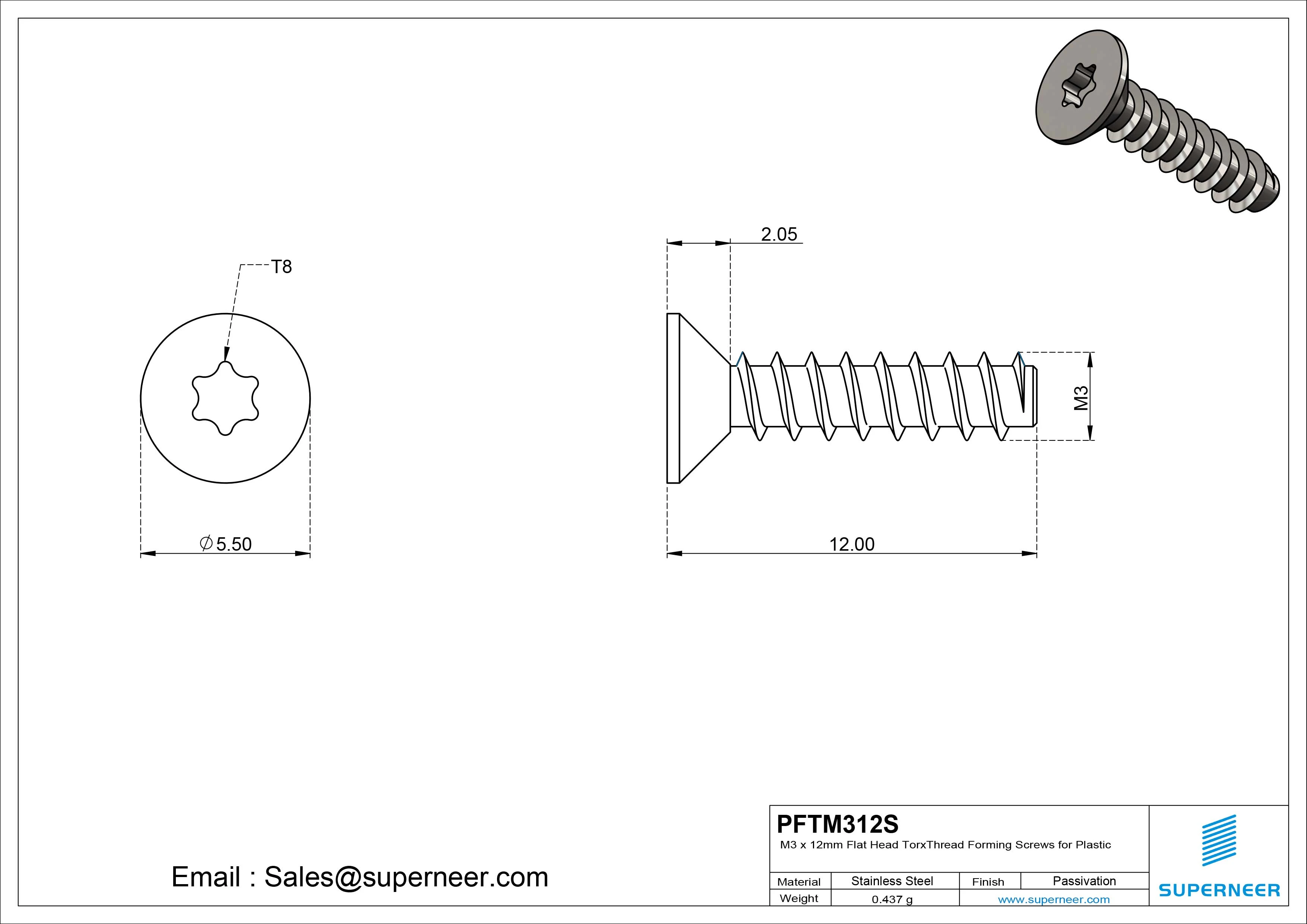 M3 &times; 12mm  Flat Head Torx Thread Foming Screws for Plastic SUS304 Stainless Steel Inox