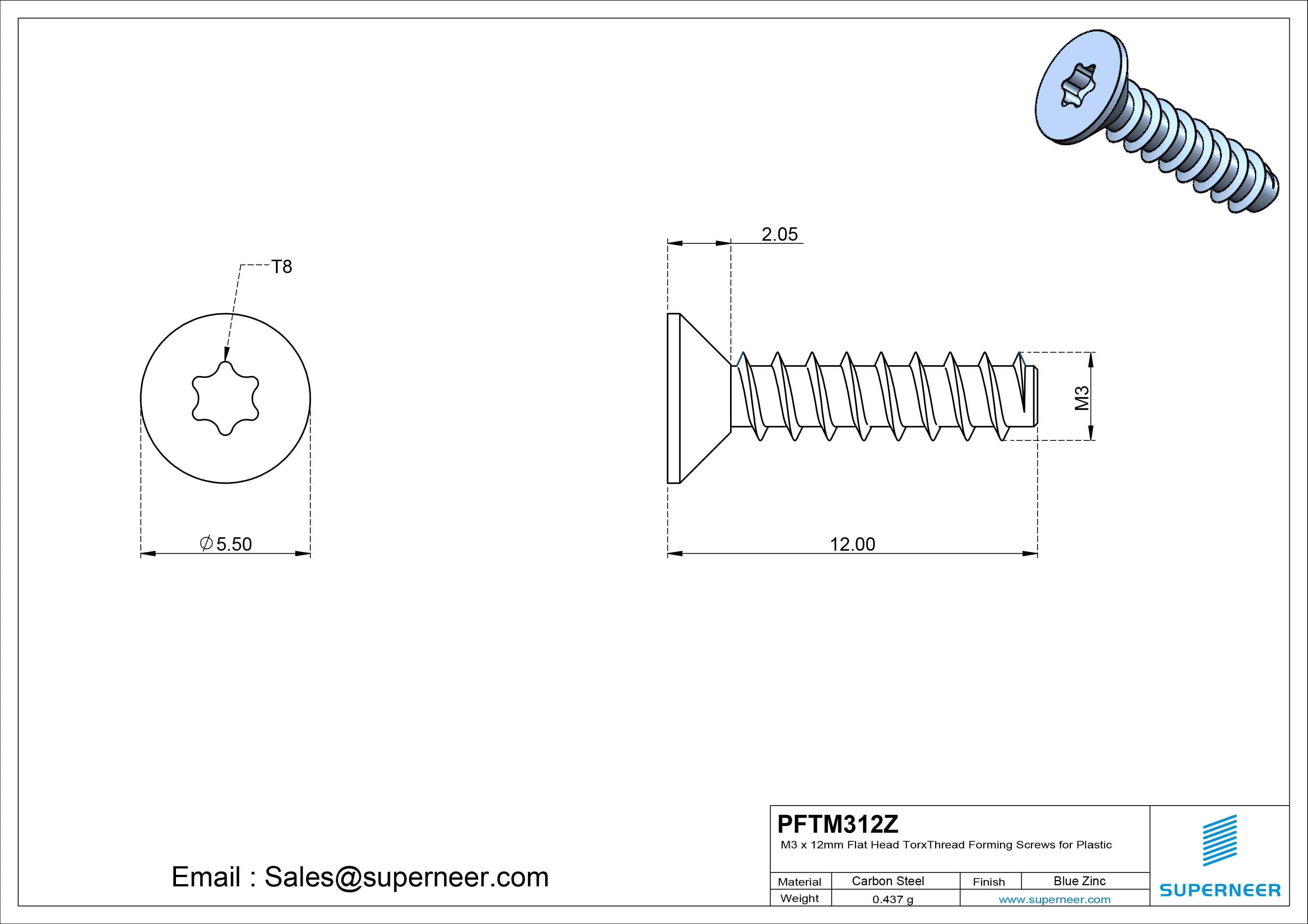 M3 &times; 12mm  Flat Head Torx Thread Foming Screws for Plastic   Steel Blue Zinc Plated