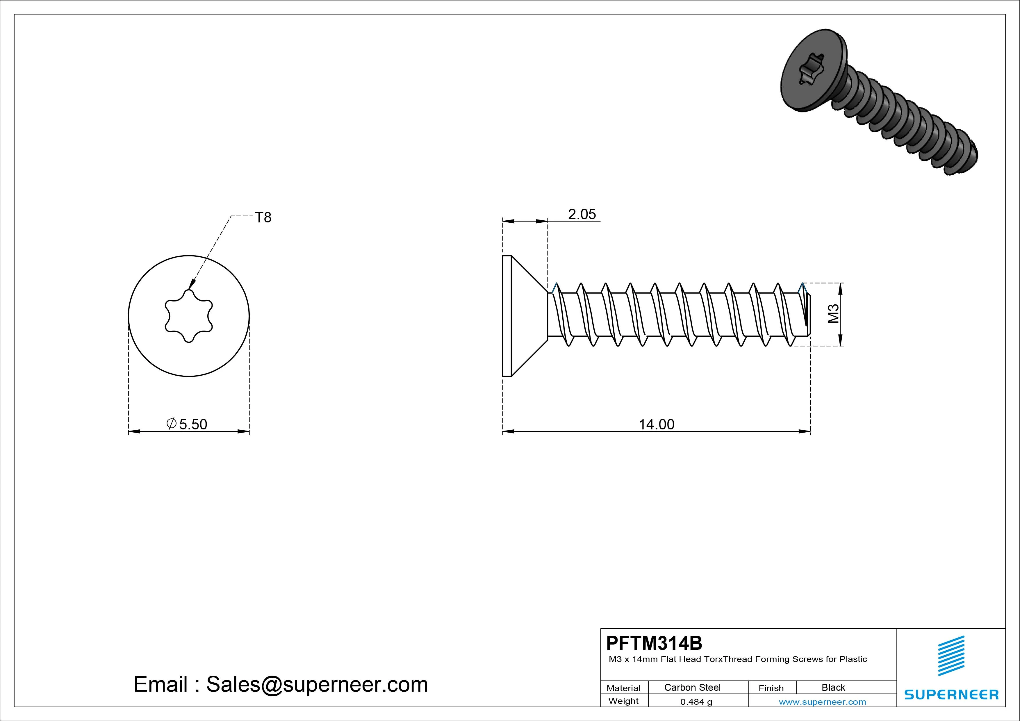 M3 &times; 14mm  Flat Head Torx Thread Foming Screws for Plastic   Steel Black