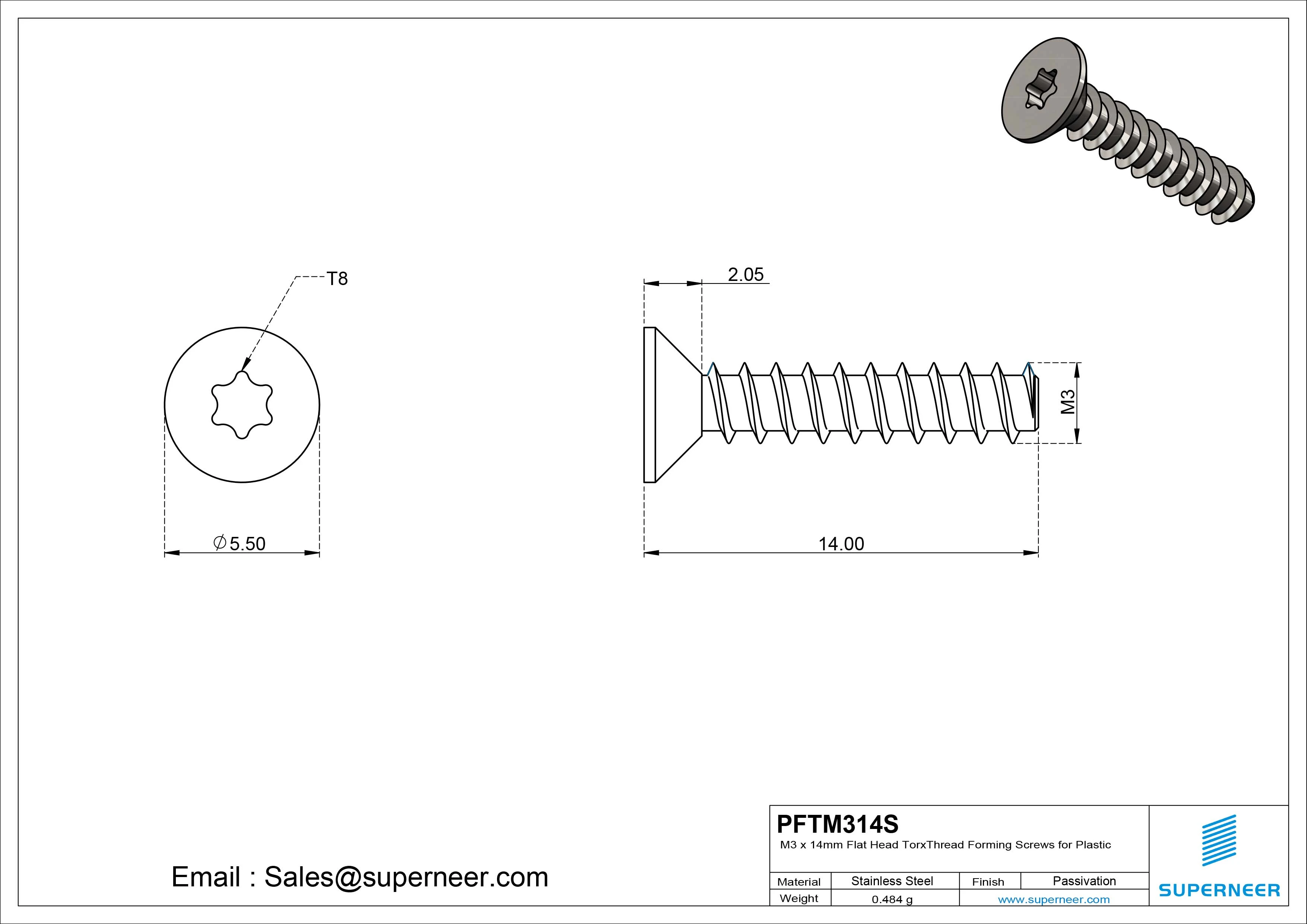 M3 &times; 14mm  Flat Head Torx Thread Foming Screws for Plastic SUS304 Stainless Steel Inox