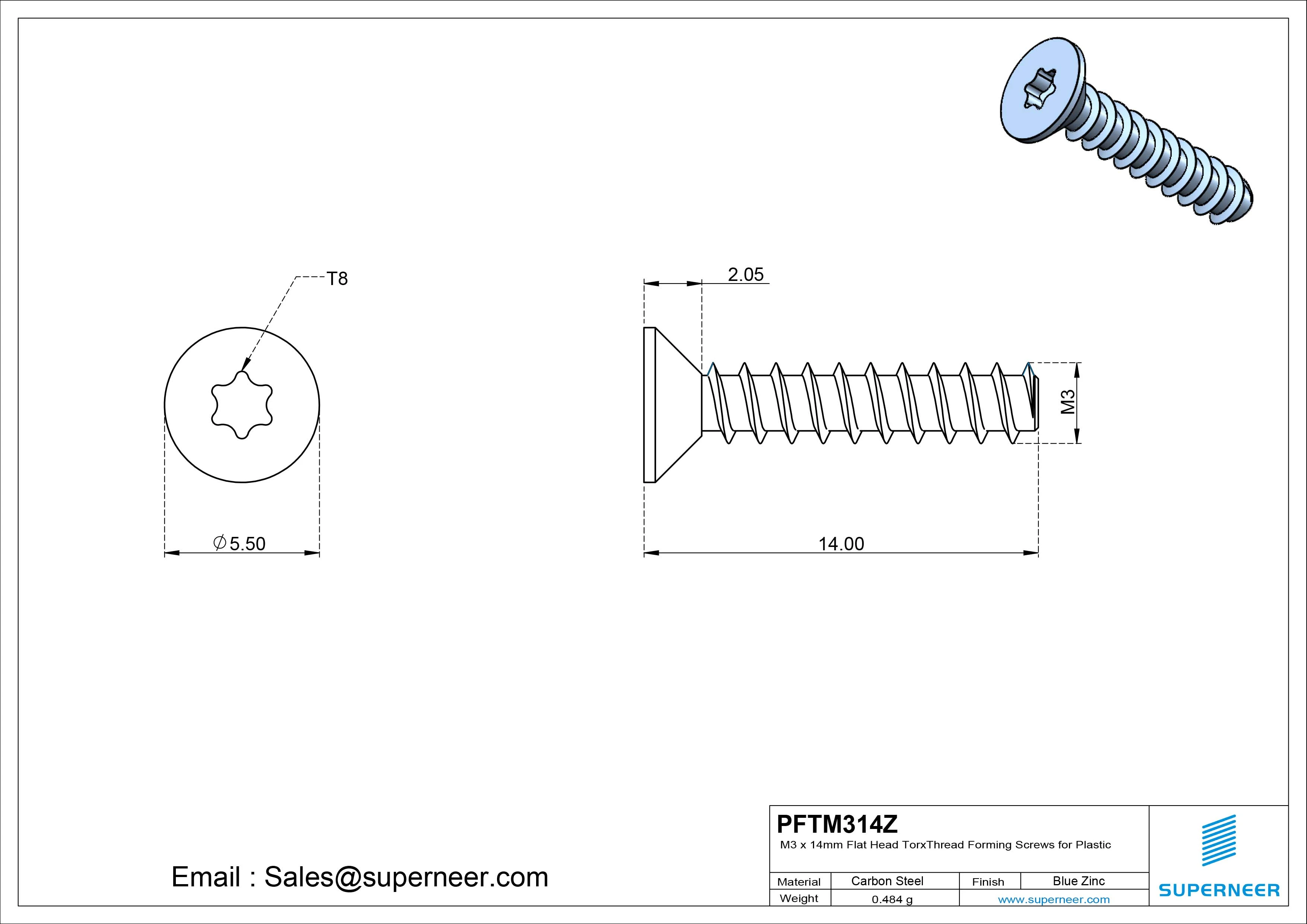 M3 &times; 14mm  Flat Head Torx Thread Foming Screws for Plastic   Steel Blue Zinc Plated