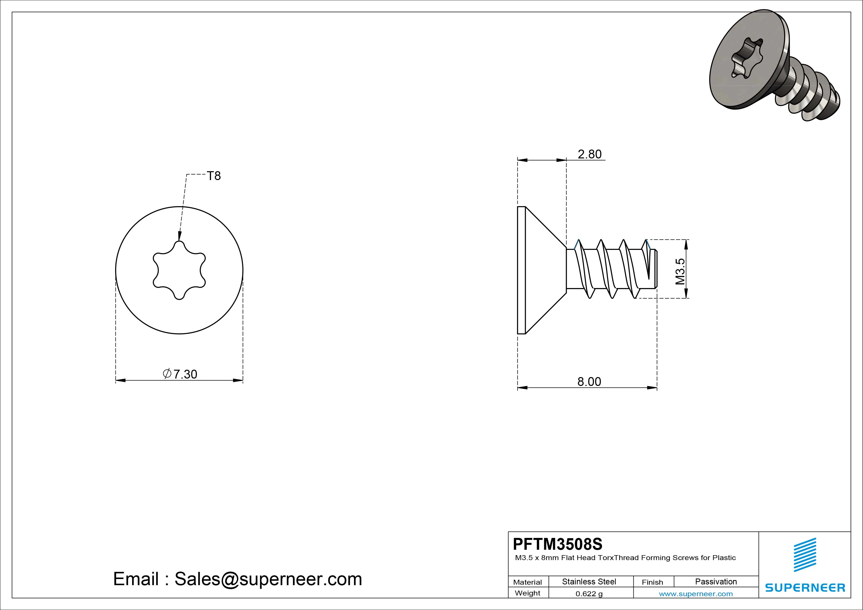M3.5 &times; 8mm  Flat Head Torx Thread Foming Screws for Plastic SUS304 Stainless Steel Inox