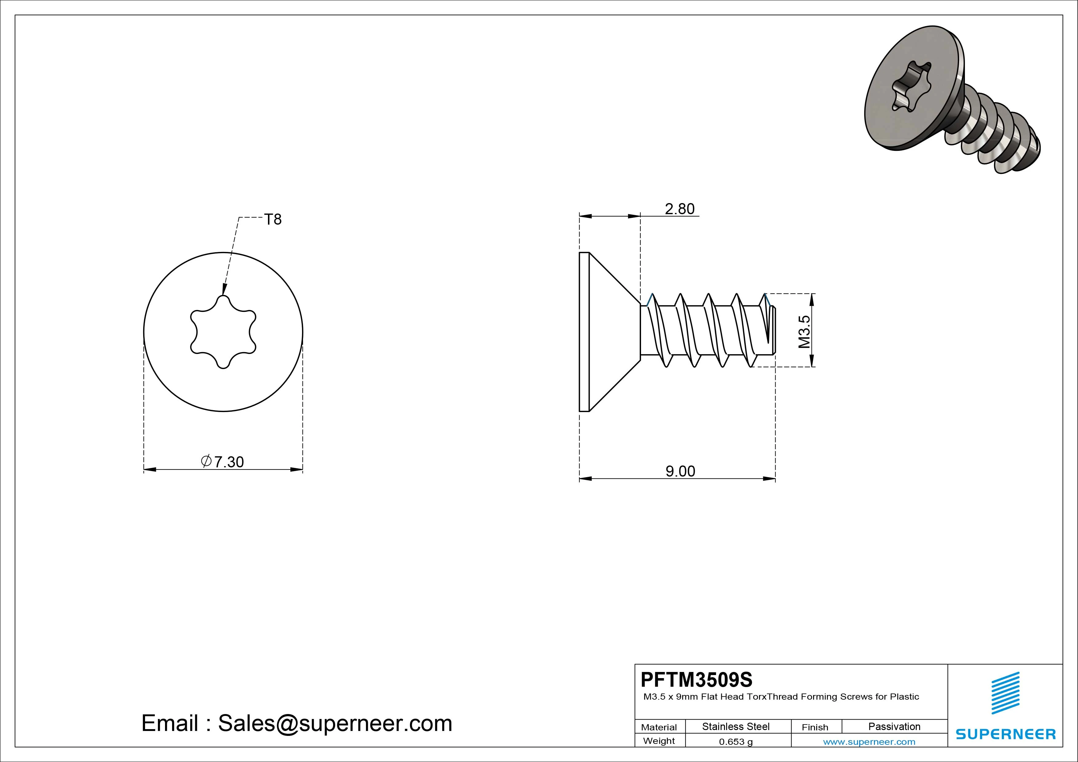 M3.5 &times; 9mm  Flat Head Torx Thread Foming Screws for Plastic SUS304 Stainless Steel Inox