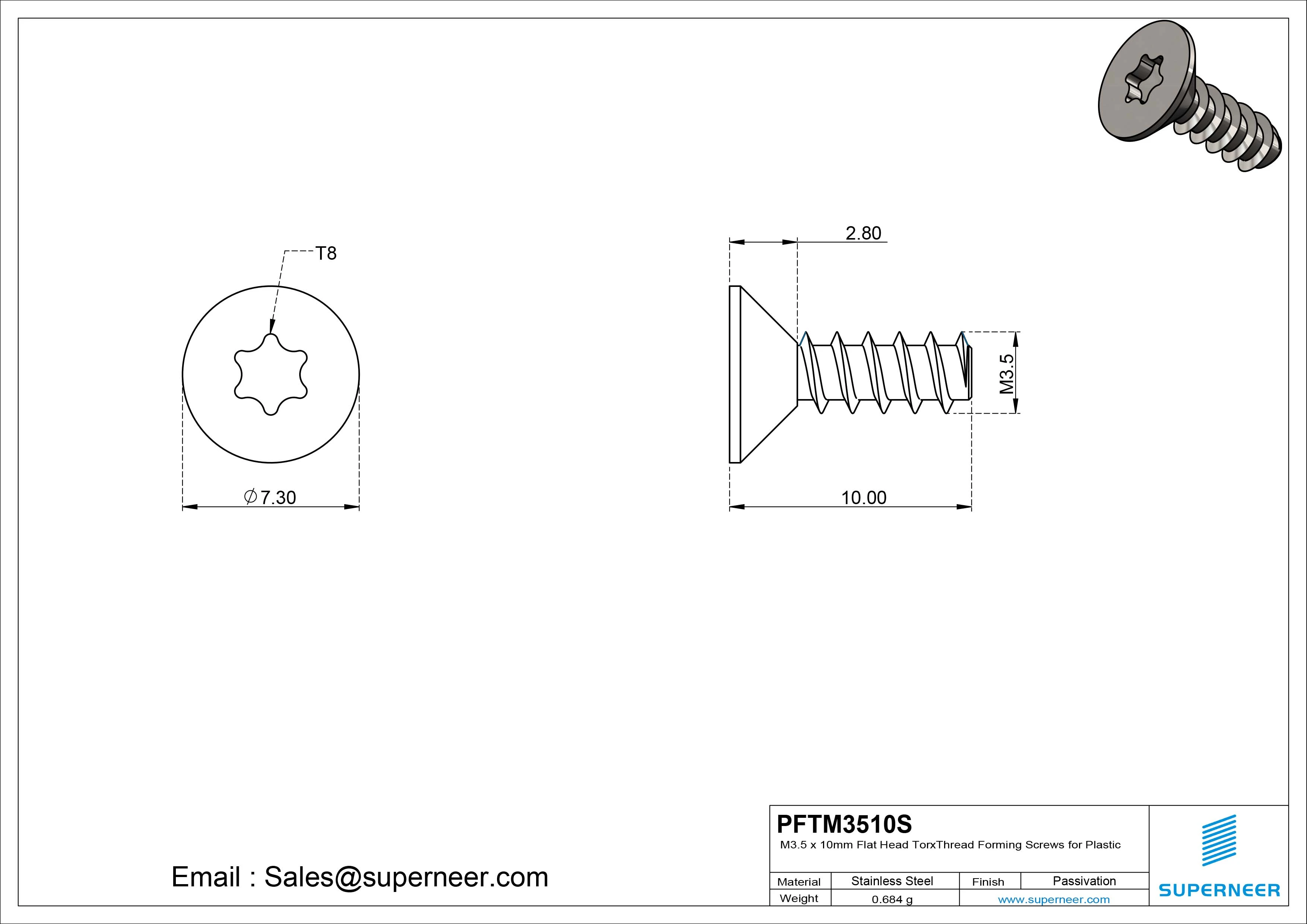 M3.5 &times; 10mm  Flat Head Torx Thread Foming Screws for Plastic SUS304 Stainless Steel Inox