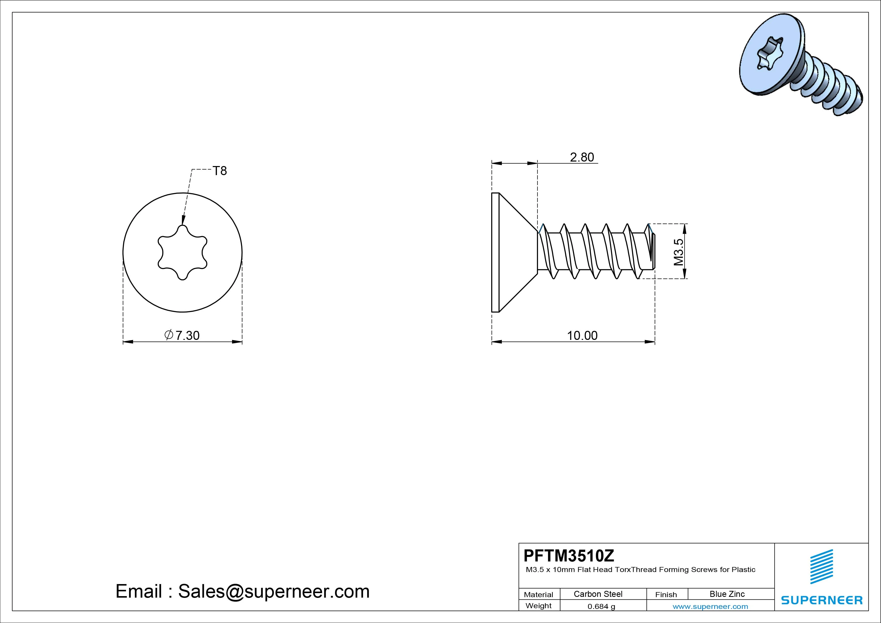 M3.5 &times; 10mm  Flat Head Torx Thread Foming Screws for Plastic   Steel Blue Zinc Plated