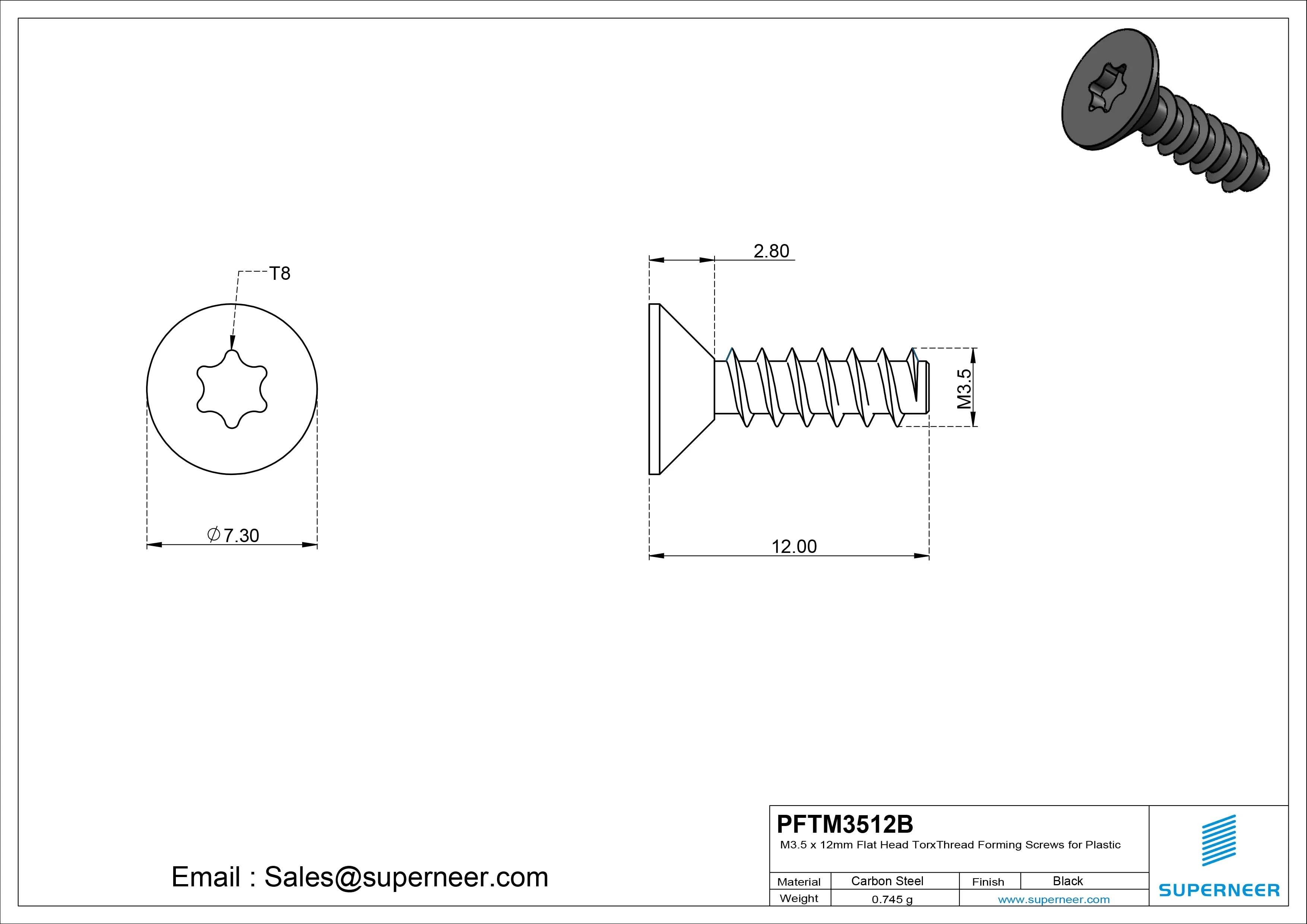M3.5 &times; 12mm  Flat Head Torx Thread Foming Screws for Plastic   Steel Black