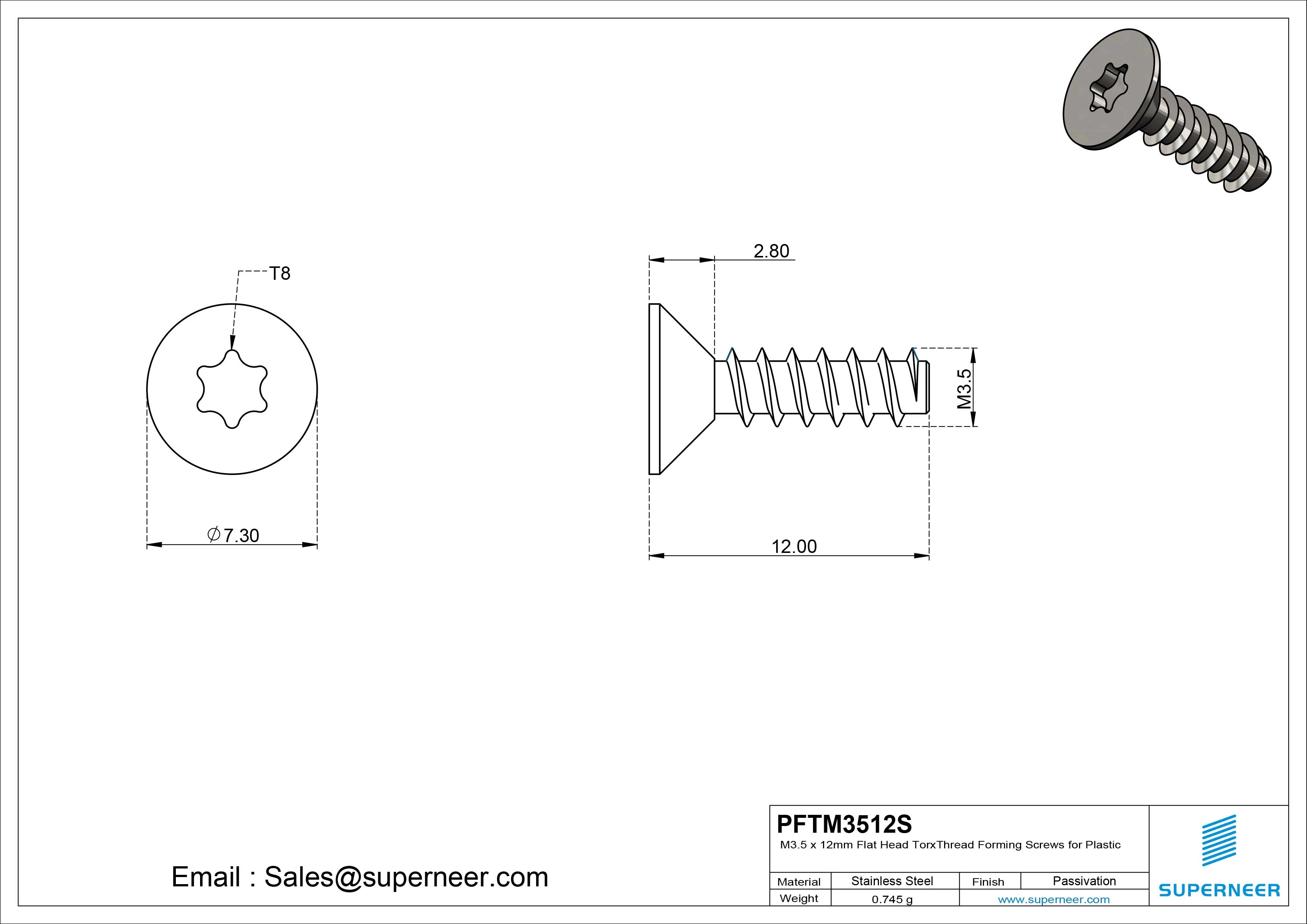 M3.5 &times; 12mm  Flat Head Torx Thread Foming Screws for Plastic SUS304 Stainless Steel Inox