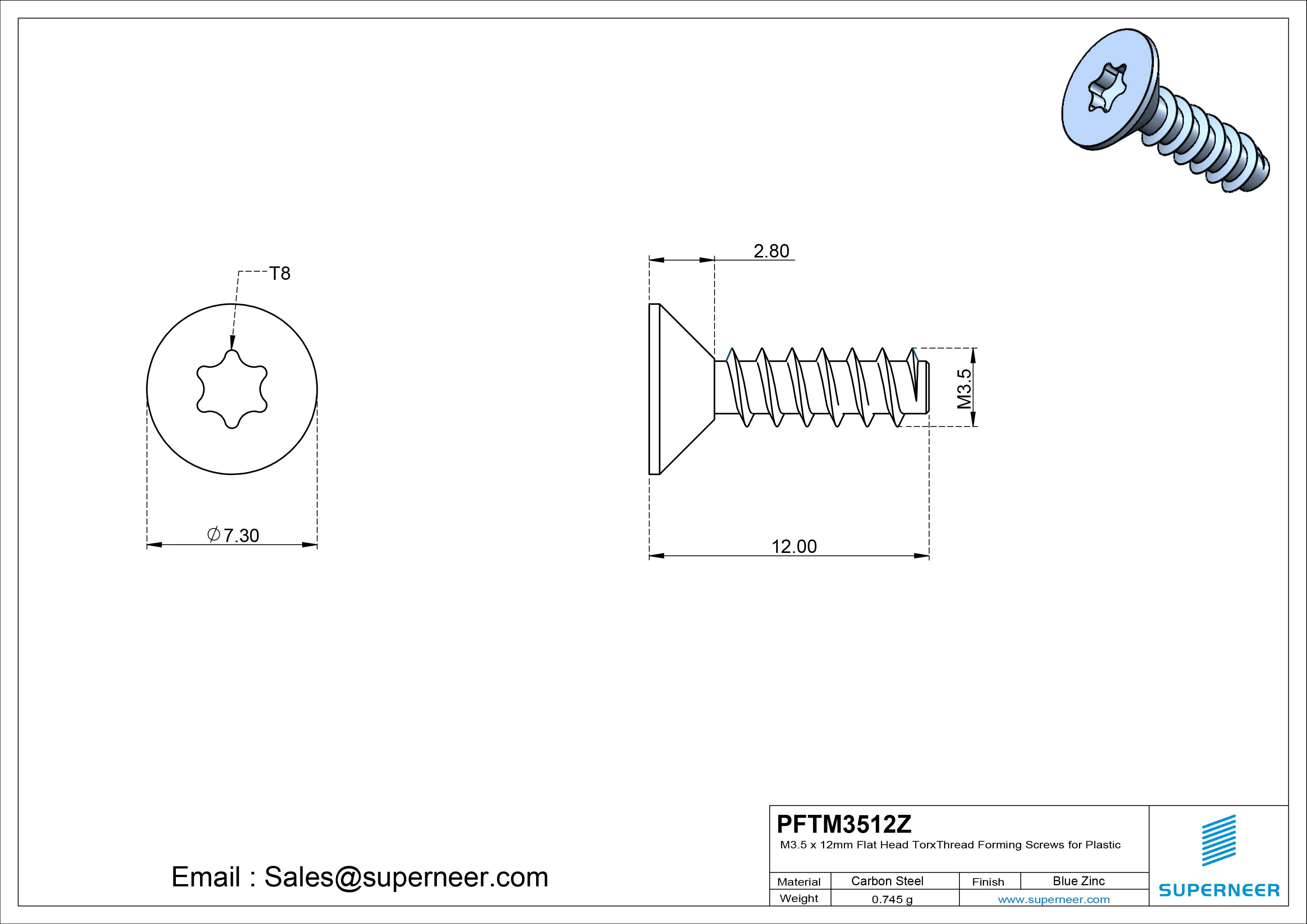 M3.5 &times; 12mm  Flat Head Torx Thread Foming Screws for Plastic   Steel Blue Zinc Plated
