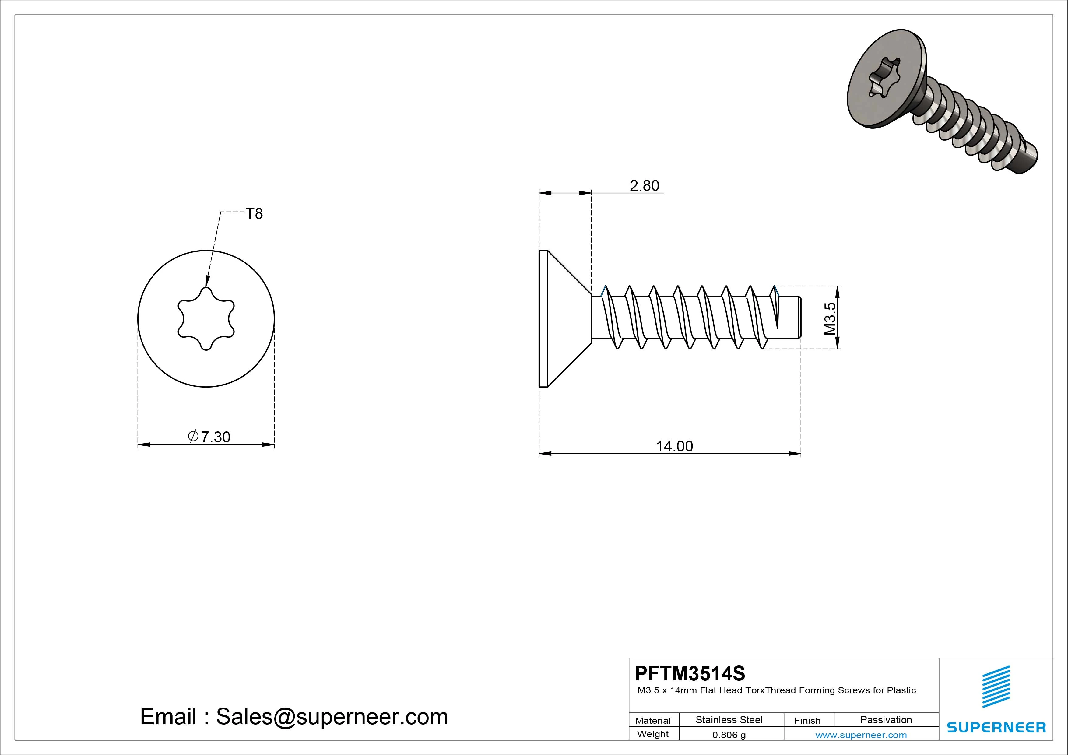 M3.5 &times; 14mm  Flat Head Torx Thread Foming Screws for Plastic SUS304 Stainless Steel Inox