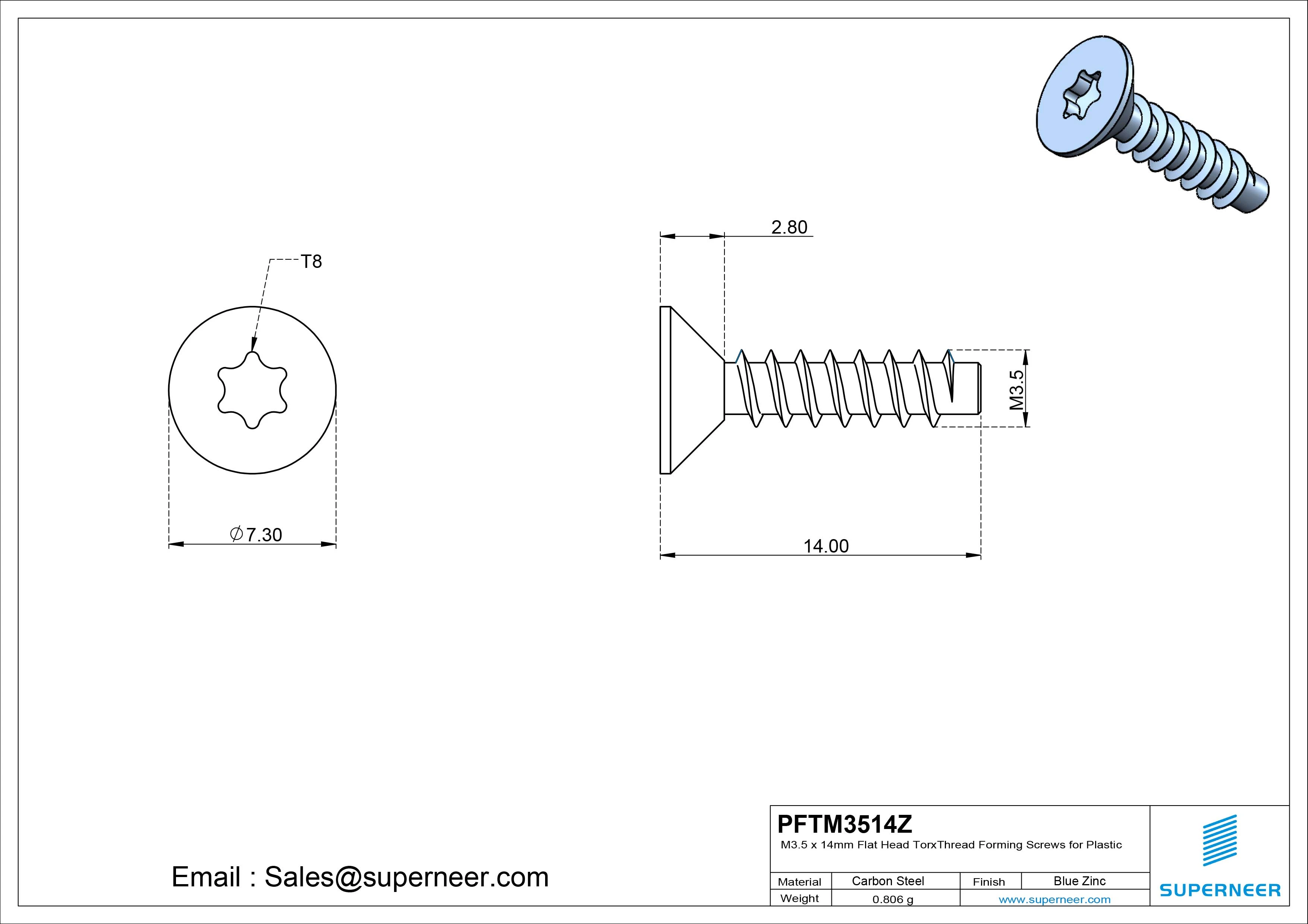 M3.5 &times; 14mm  Flat Head Torx Thread Foming Screws for Plastic   Steel Blue Zinc Plated
