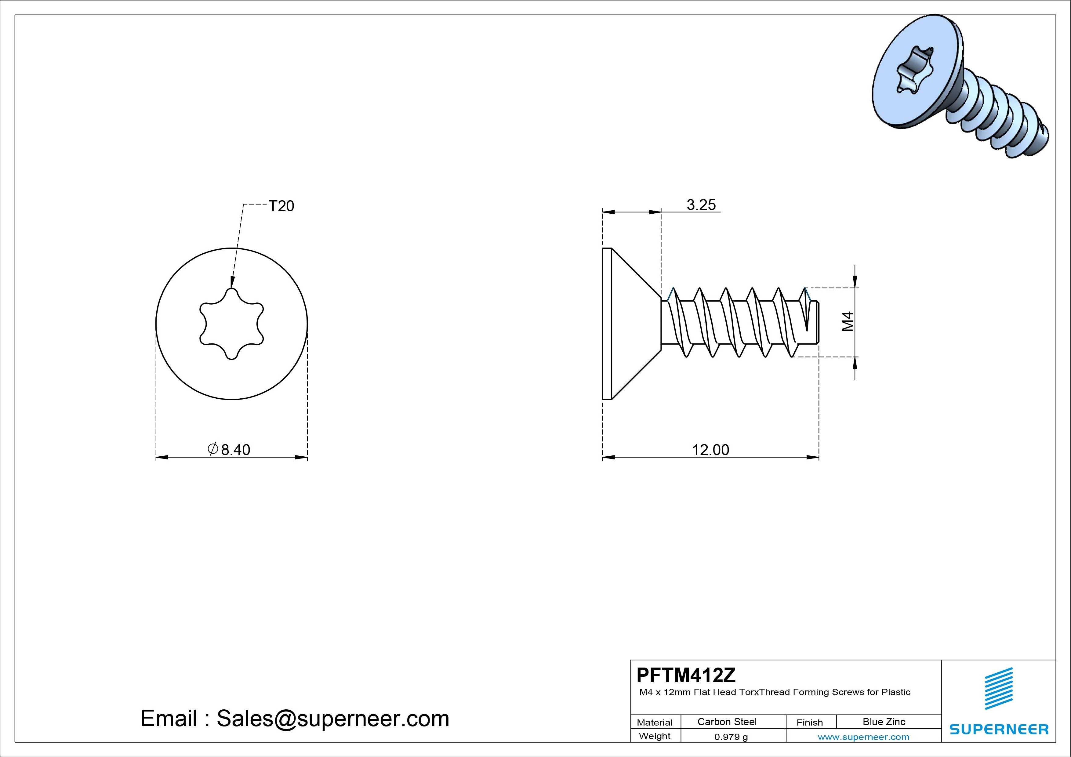 M4 &times; 12mm  Flat Head Torx Thread Foming Screws for Plastic   Steel Blue Zinc Plated