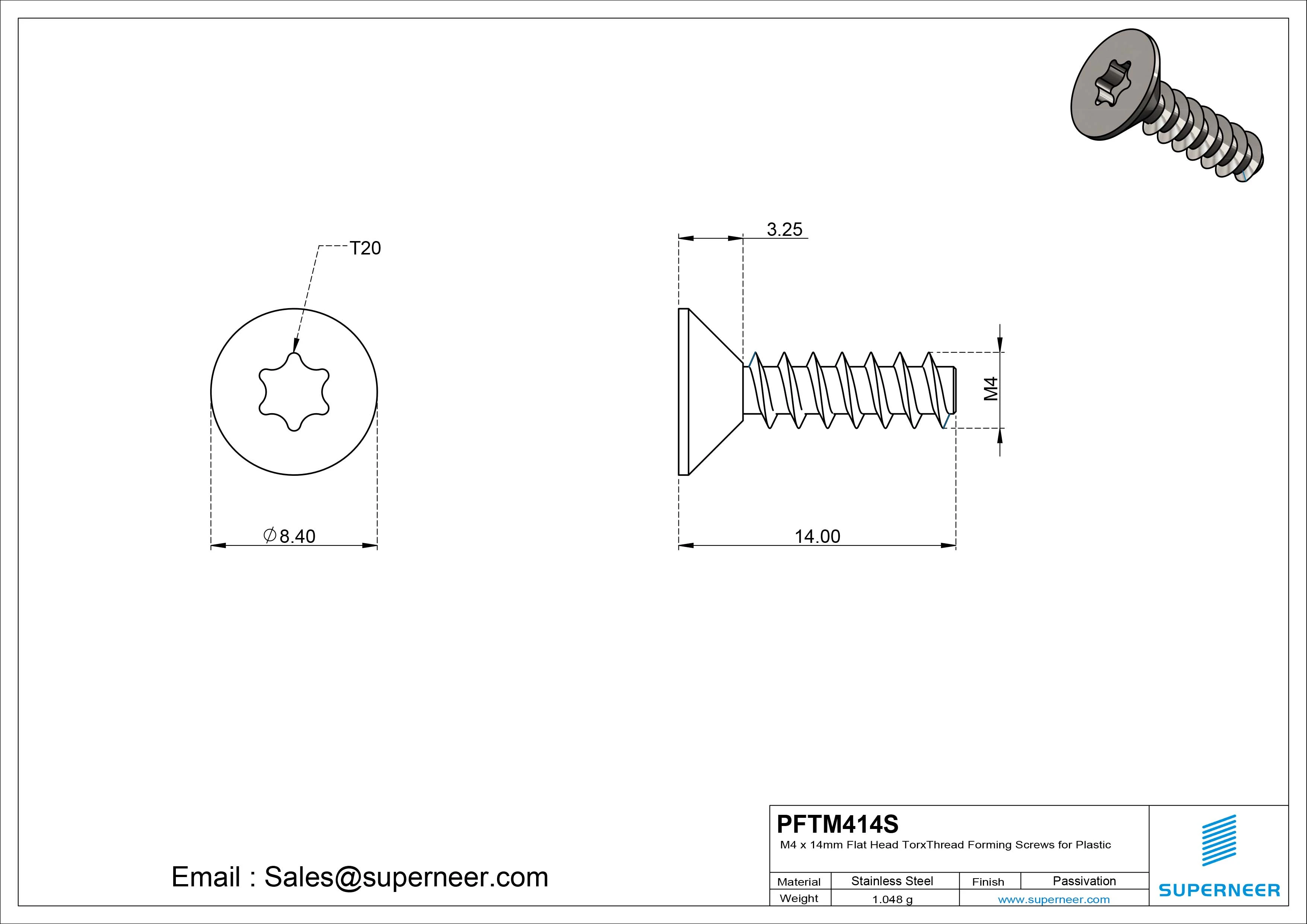 M4 &times; 14mm  Flat Head Torx Thread Foming Screws for Plastic SUS304 Stainless Steel Inox
