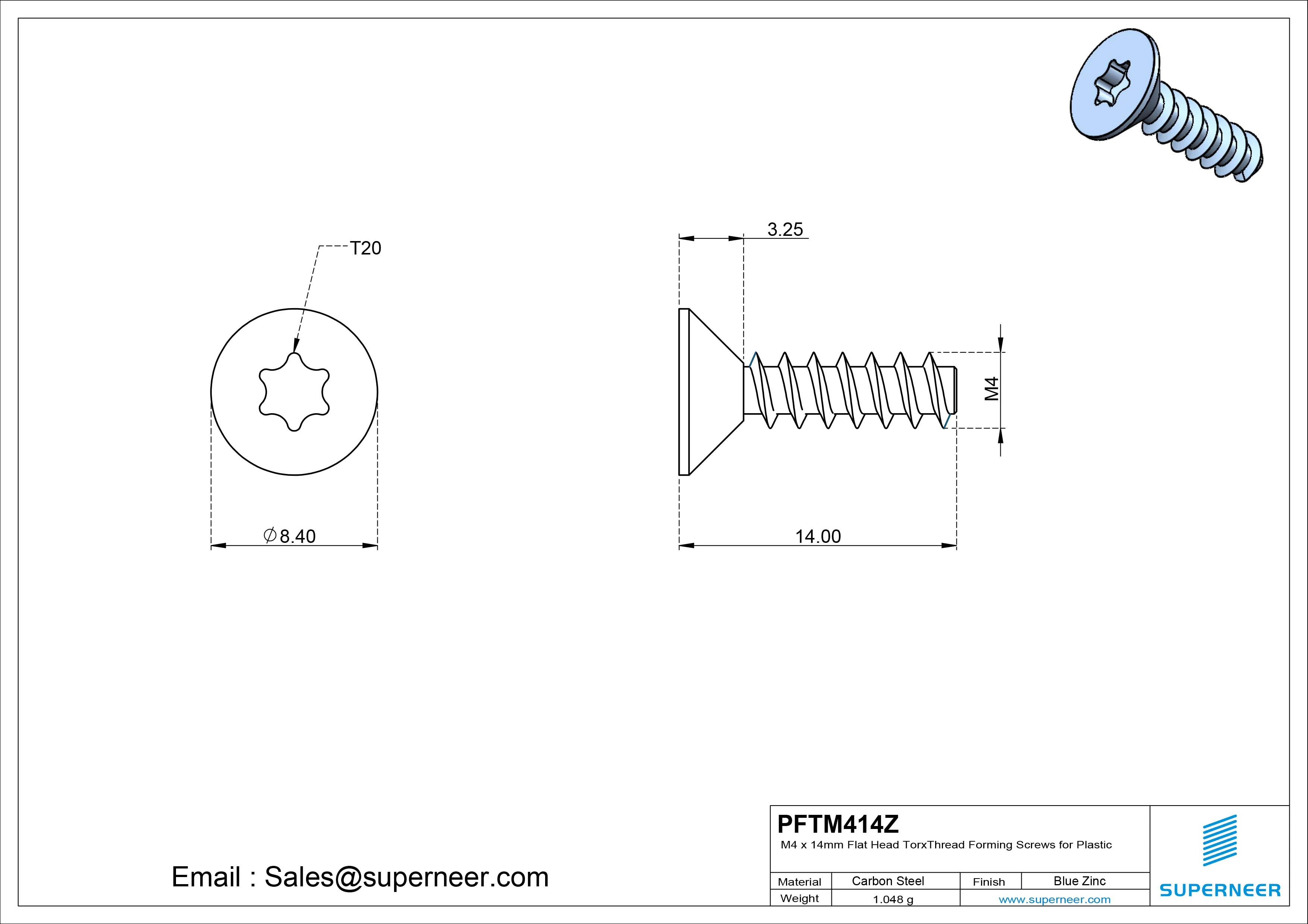 M4 &times; 14mm  Flat Head Torx Thread Foming Screws for Plastic   Steel Blue Zinc Plated