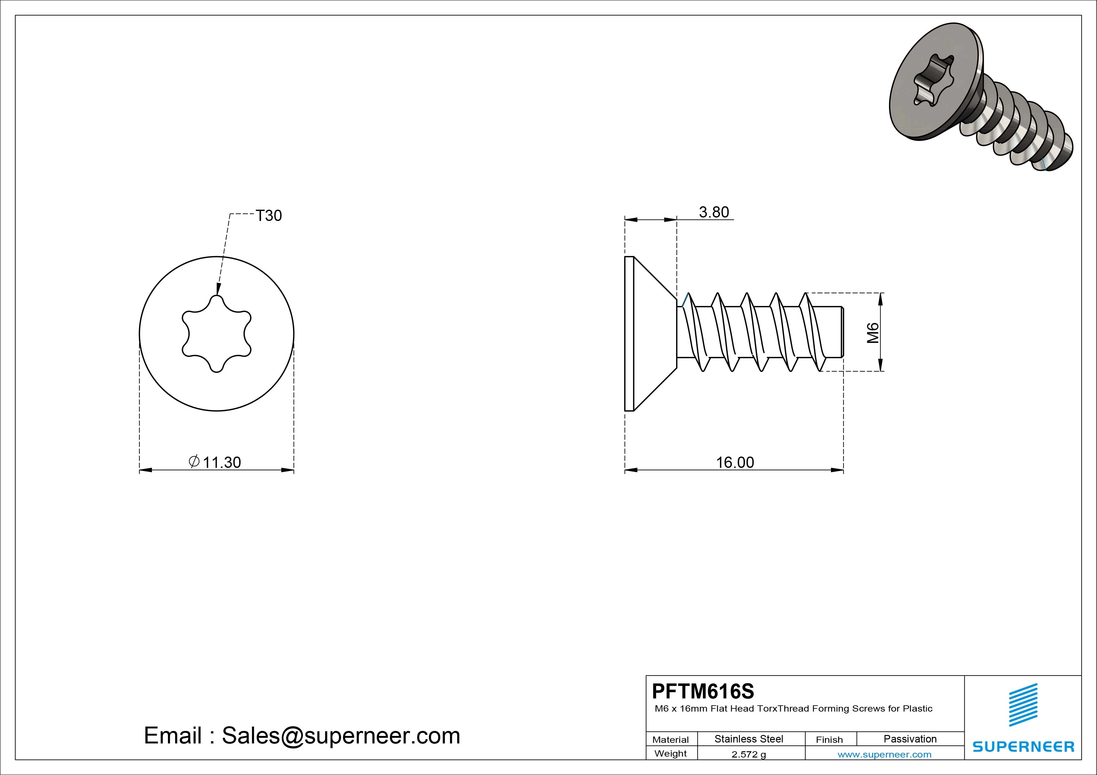 M6 &times; 16mm  Flat Head Torx Thread Foming Screws for Plastic SUS304 Stainless Steel Inox
