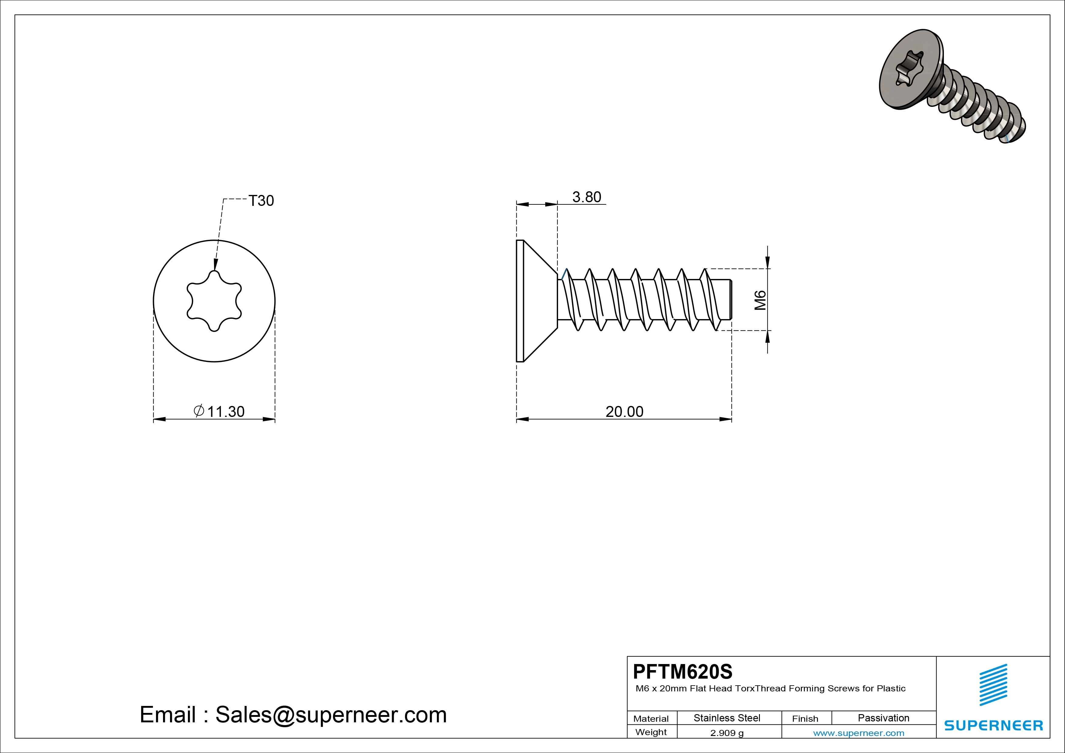 M6 &times; 20mm  Flat Head Torx Thread Foming Screws for Plastic SUS304 Stainless Steel Inox