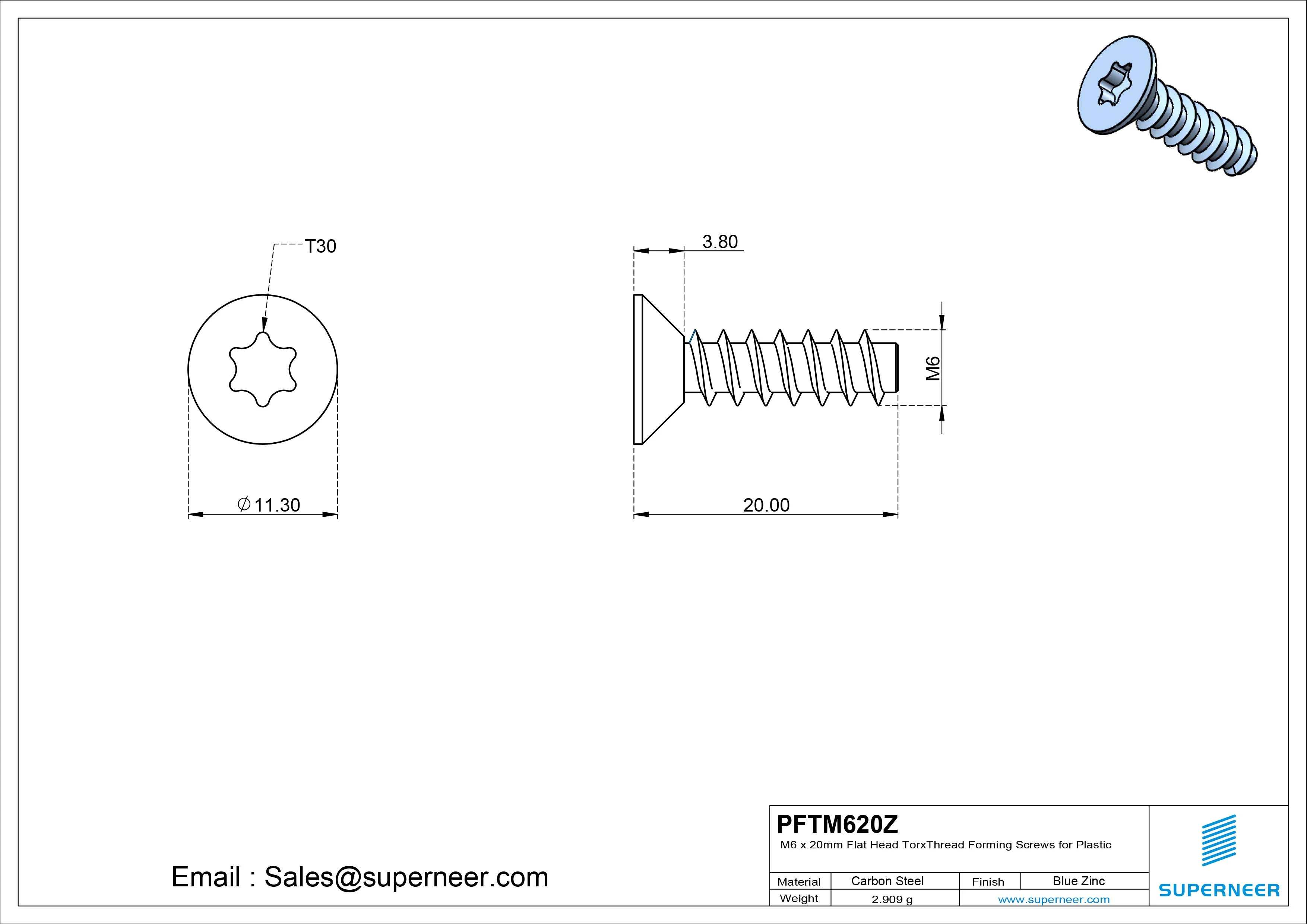 M6 &times; 20mm  Flat Head Torx Thread Foming Screws for Plastic   Steel Blue Zinc Plated