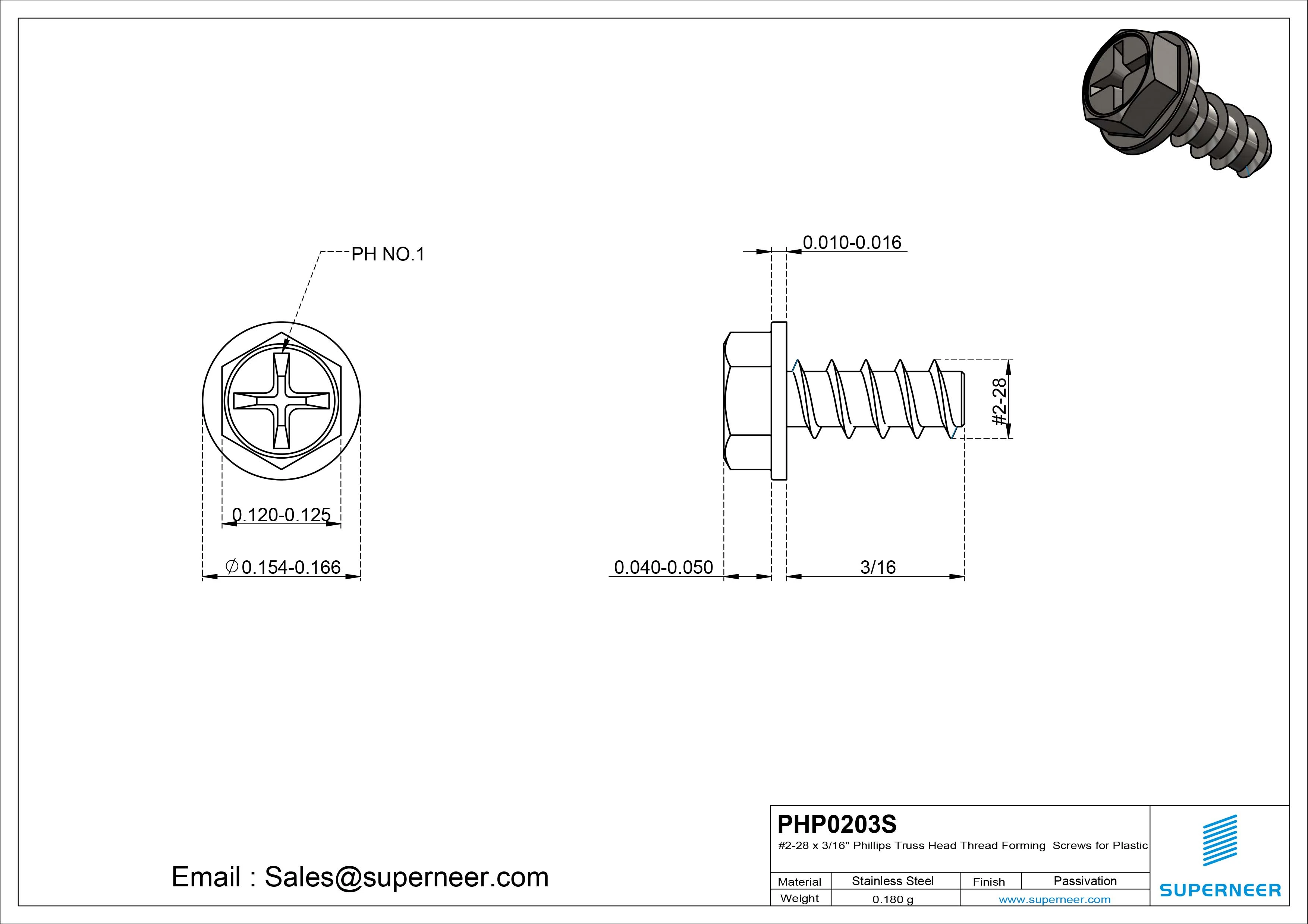 2 &times; 3/16" Hex Washer Head Phillips Thread Forming inch Screws for Plastic  SUS304 Stainless Steel Inox