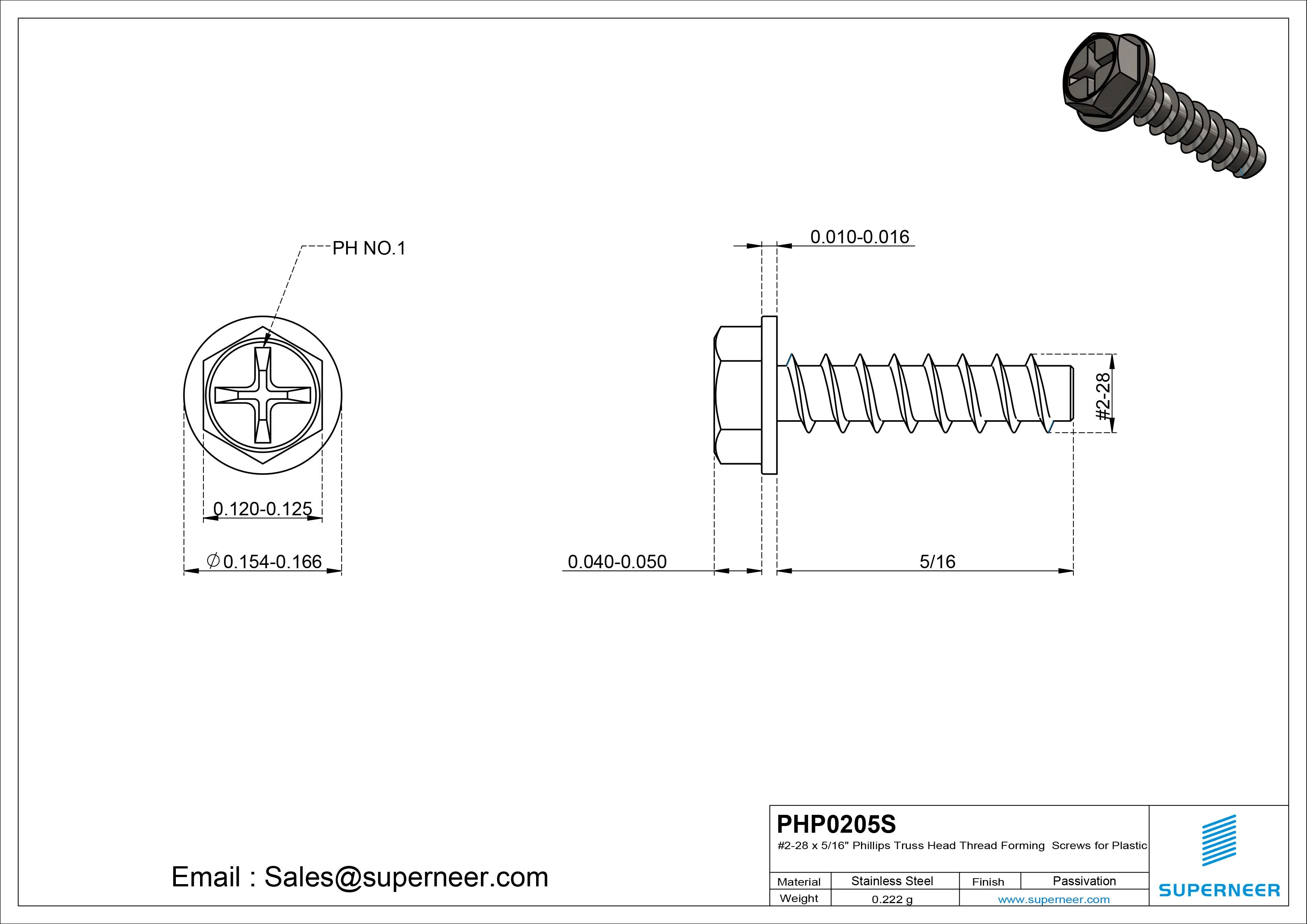 2 &times; 5/16" Hex Washer Head Phillips Thread Forming inch Screws for Plastic  SUS304 Stainless Steel Inox