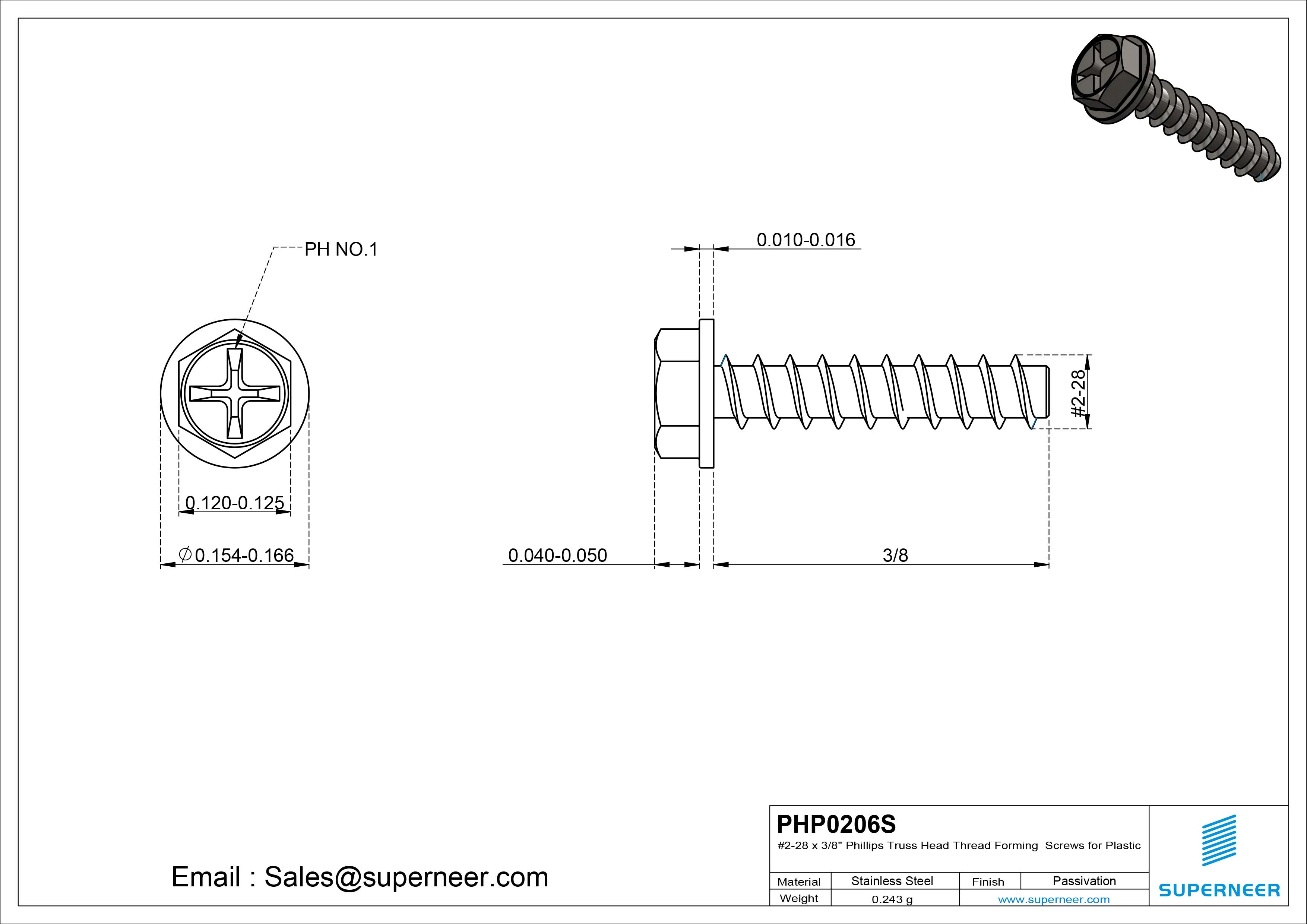 2 &times; 3/8" Hex Washer Head Phillips Thread Forming inch Screws for Plastic  SUS304 Stainless Steel Inox