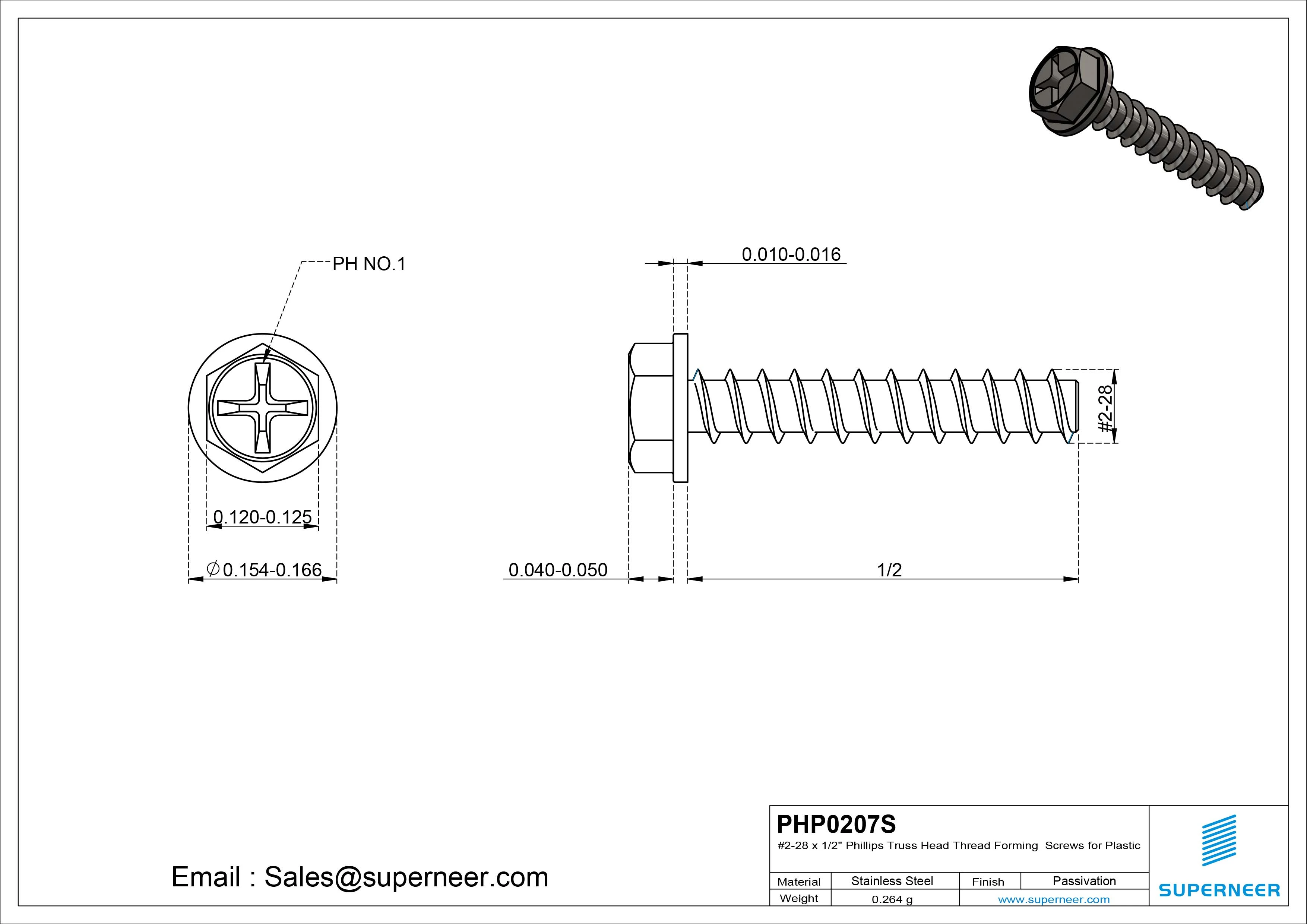 2 &times; 7/16" Hex Washer Head Phillips Thread Forming inch Screws for Plastic  SUS304 Stainless Steel Inox