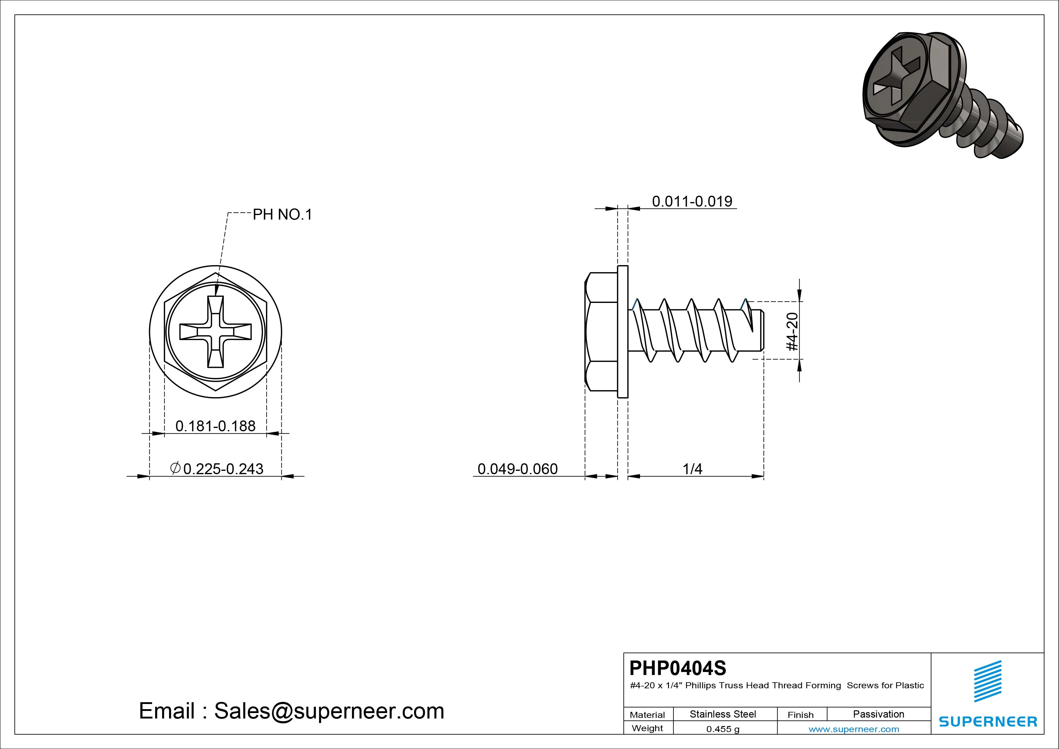 4 &times; 1/4" Hex Washer Head Phillips Thread Forming inch Screws for Plastic  SUS304 Stainless Steel Inox