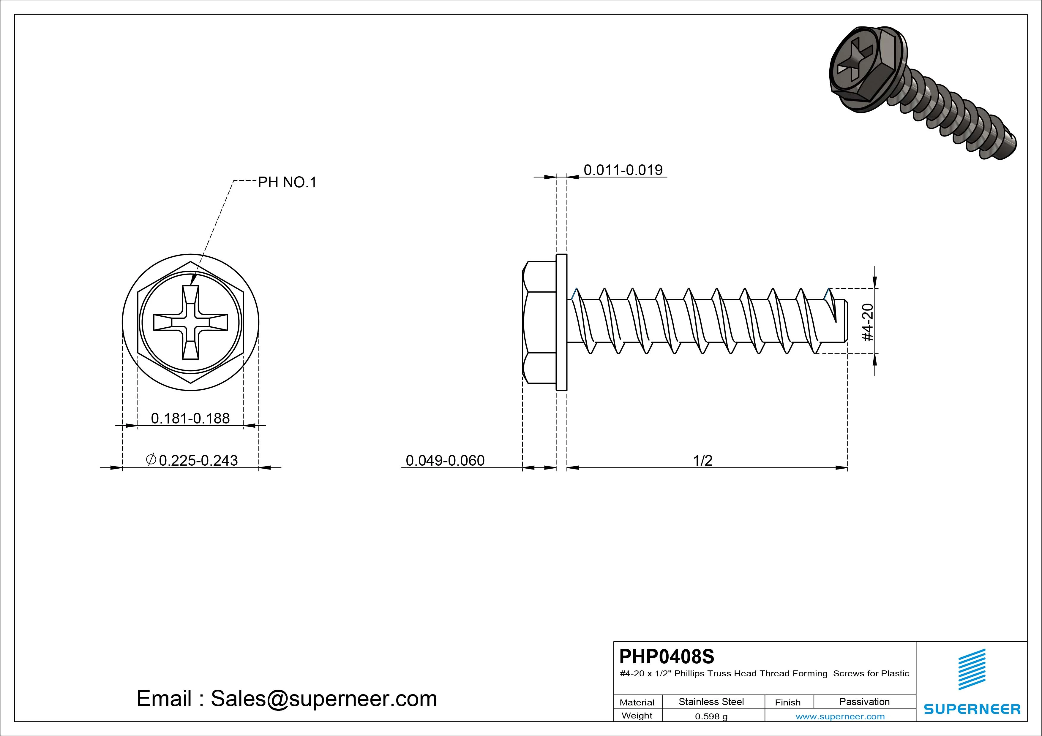4 &times; 1/2" Hex Washer Head Phillips Thread Forming inch Screws for Plastic  SUS304 Stainless Steel Inox