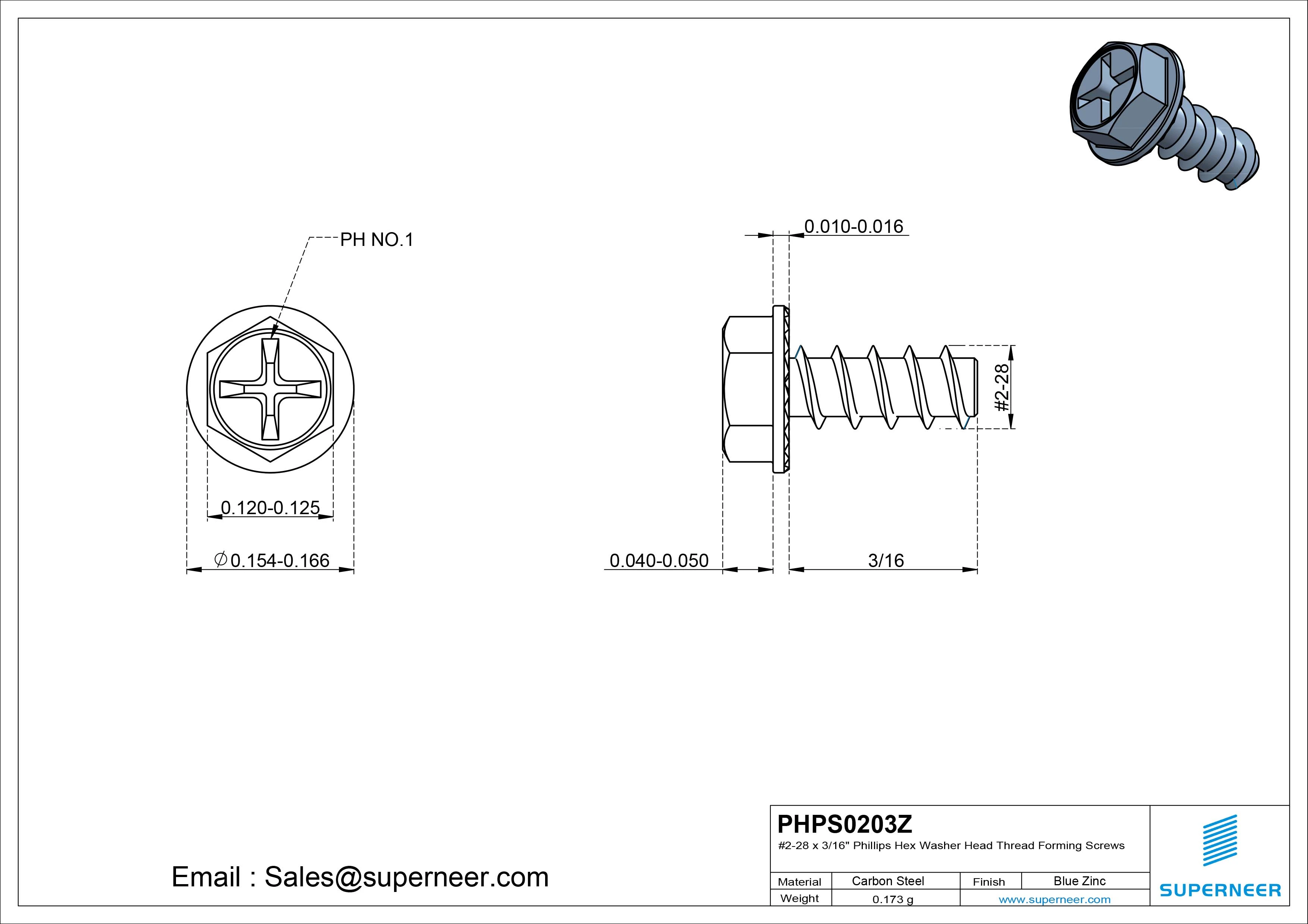 2 &times; 3/16" Hex Washer Serration Head Phillips Thread Forming inch Screws for Plastic  Steel Blue Zinc Plated