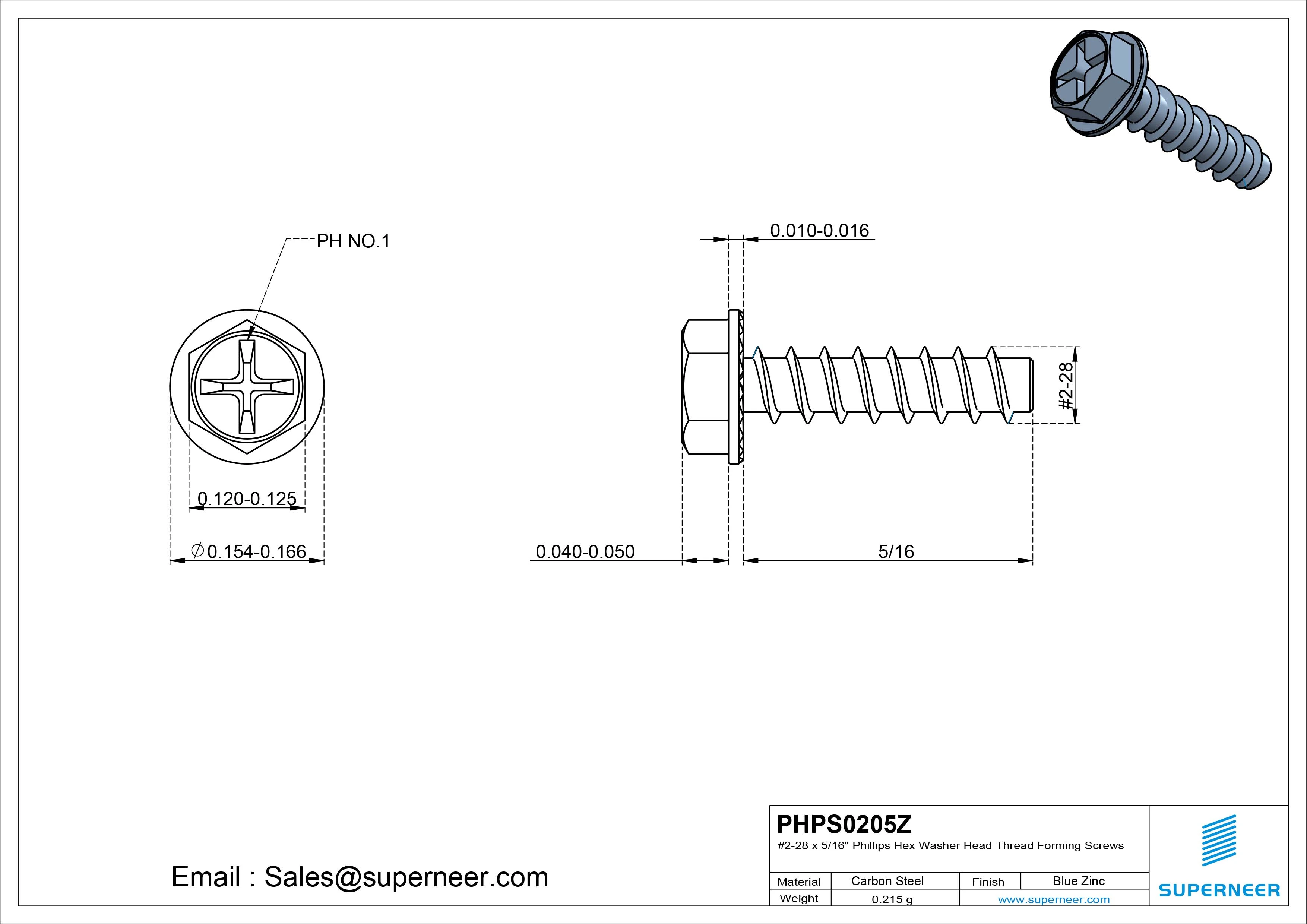 2 &times; 5/16" Hex Washer Serration Head Phillips Thread Forming inch Screws for Plastic  Steel Blue Zinc Plated
