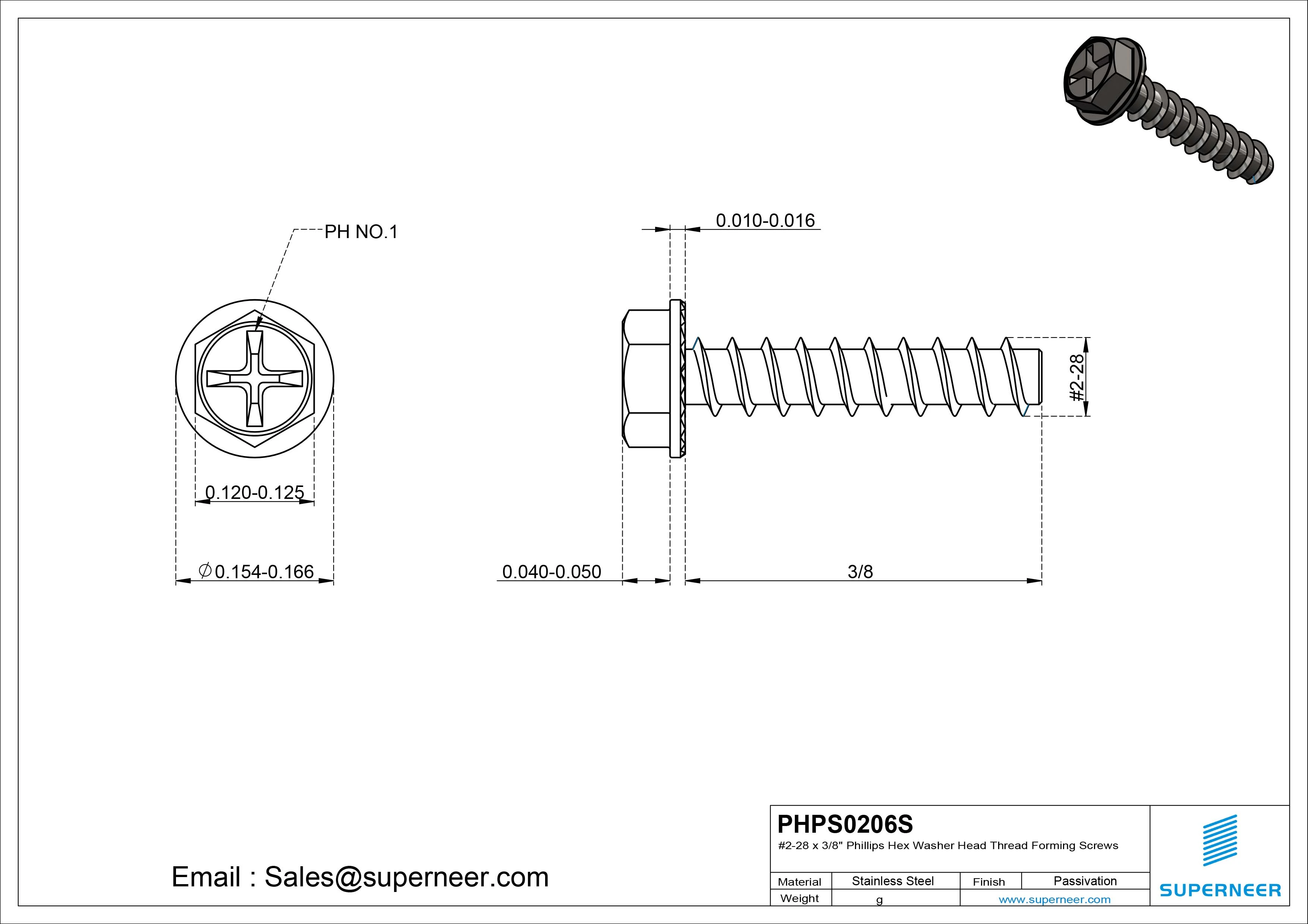2 &times; 3/8" Hex Washer Serration Head Phillips Thread Forming inch Screws for Plastic  SUS304 Stainless Steel Inox