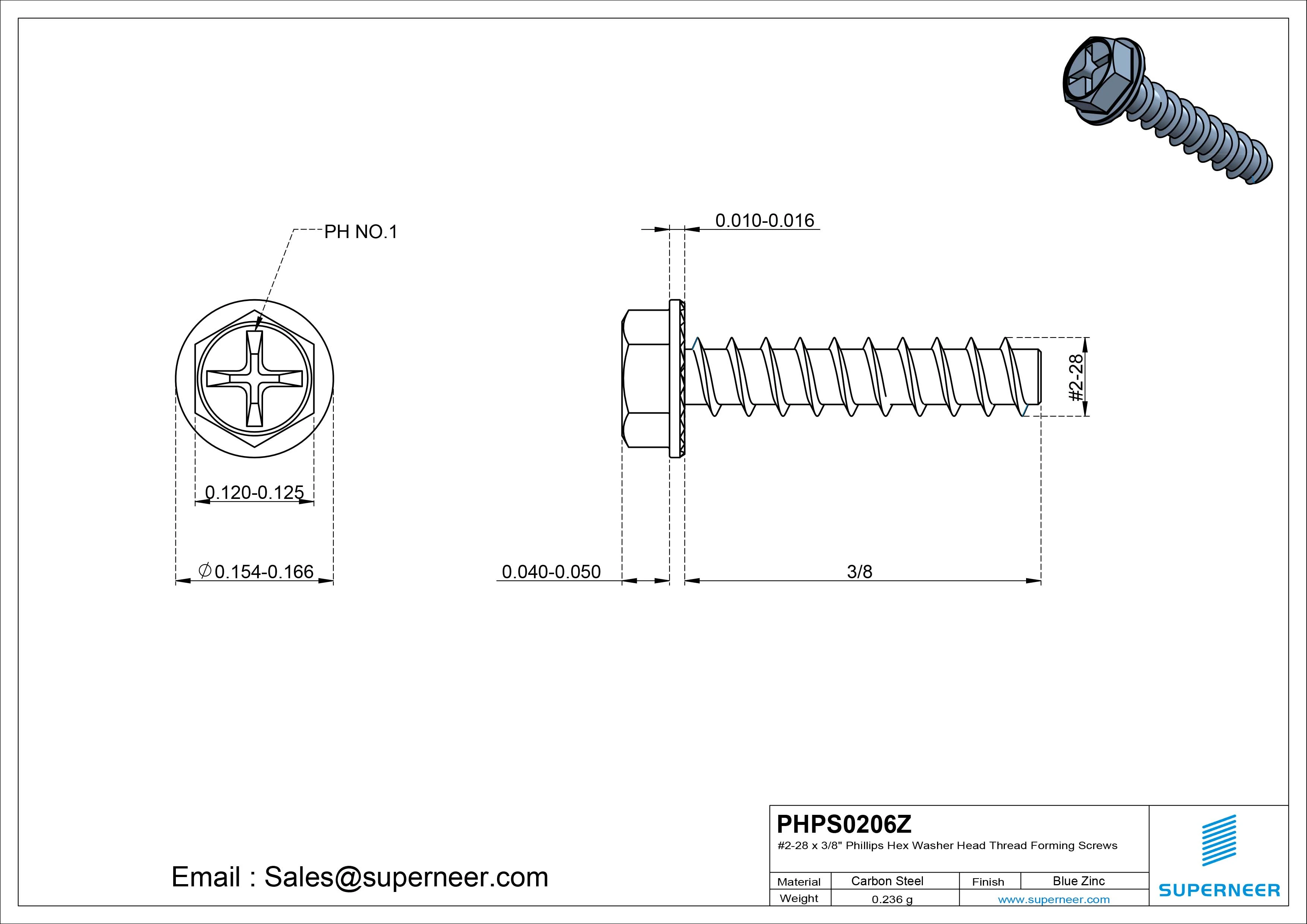 2 &times; 3/8" Hex Washer Serration Head Phillips Thread Forming inch Screws for Plastic  Steel Blue Zinc Plated
