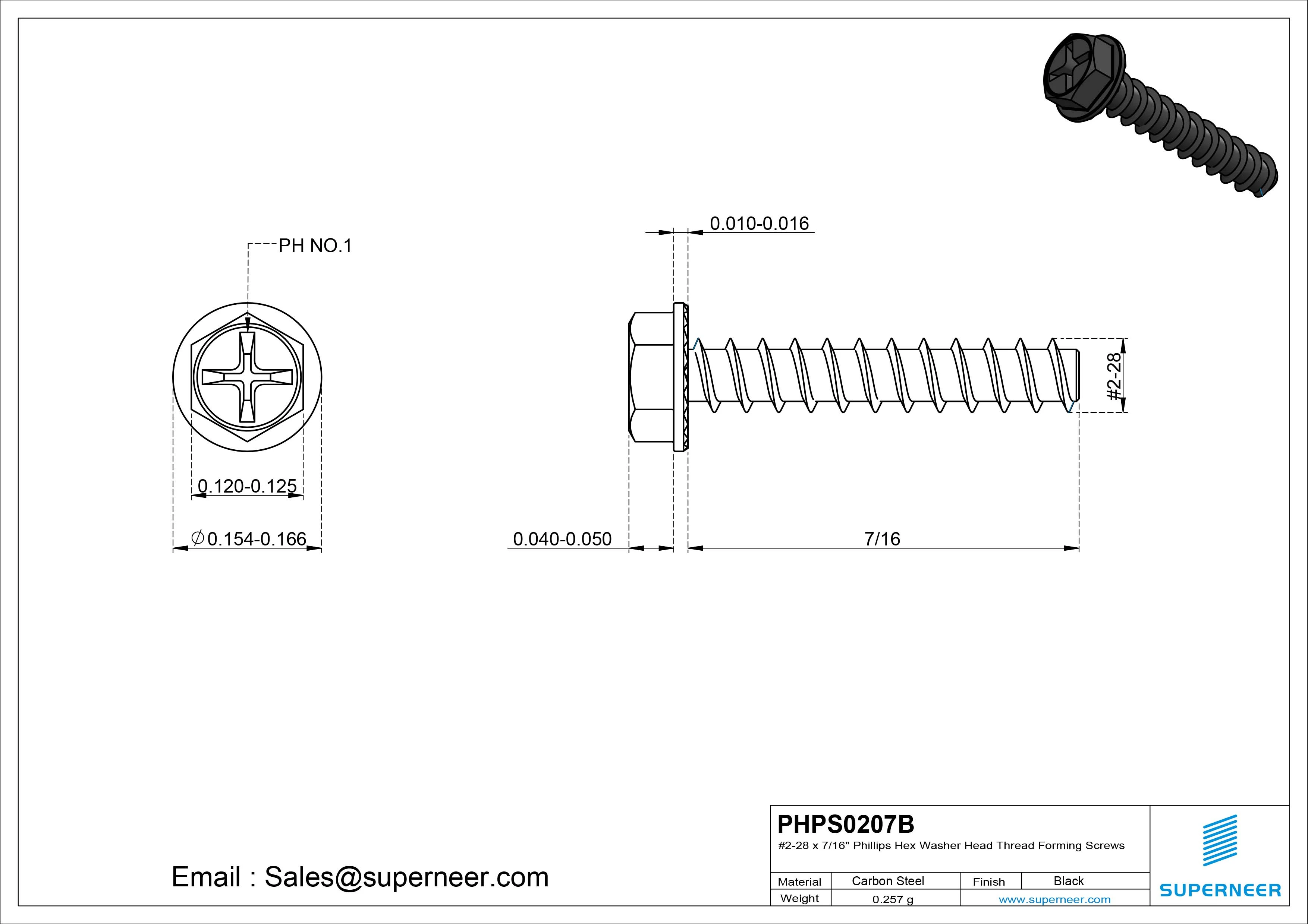 2 &times; 7/16" Hex Washer Serration Head Phillips Thread Forming inch Screws for Plastic  Steel Black