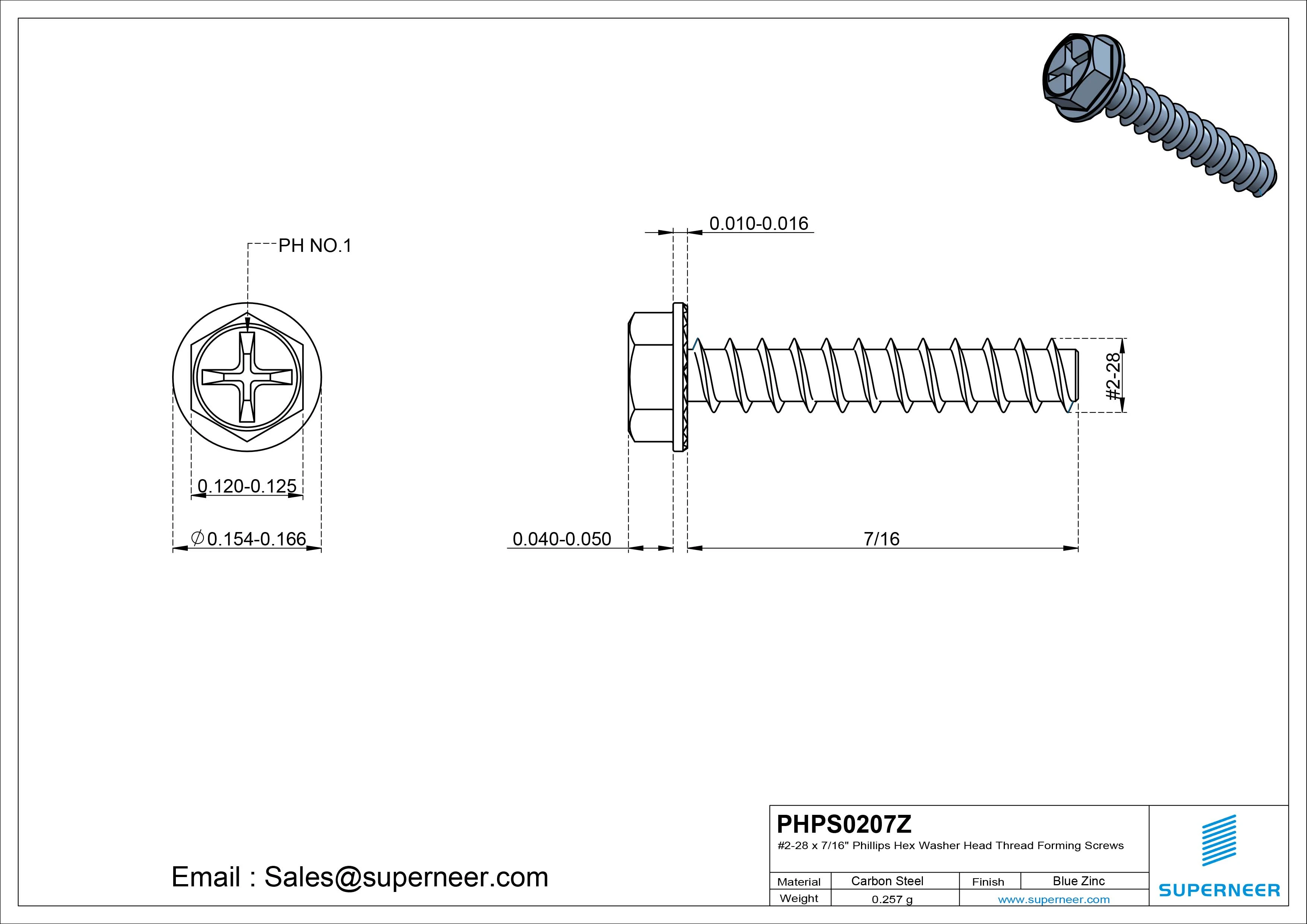 2 &times; 7/16" Hex Washer Serration Head Phillips Thread Forming inch Screws for Plastic  Steel Blue Zinc Plated