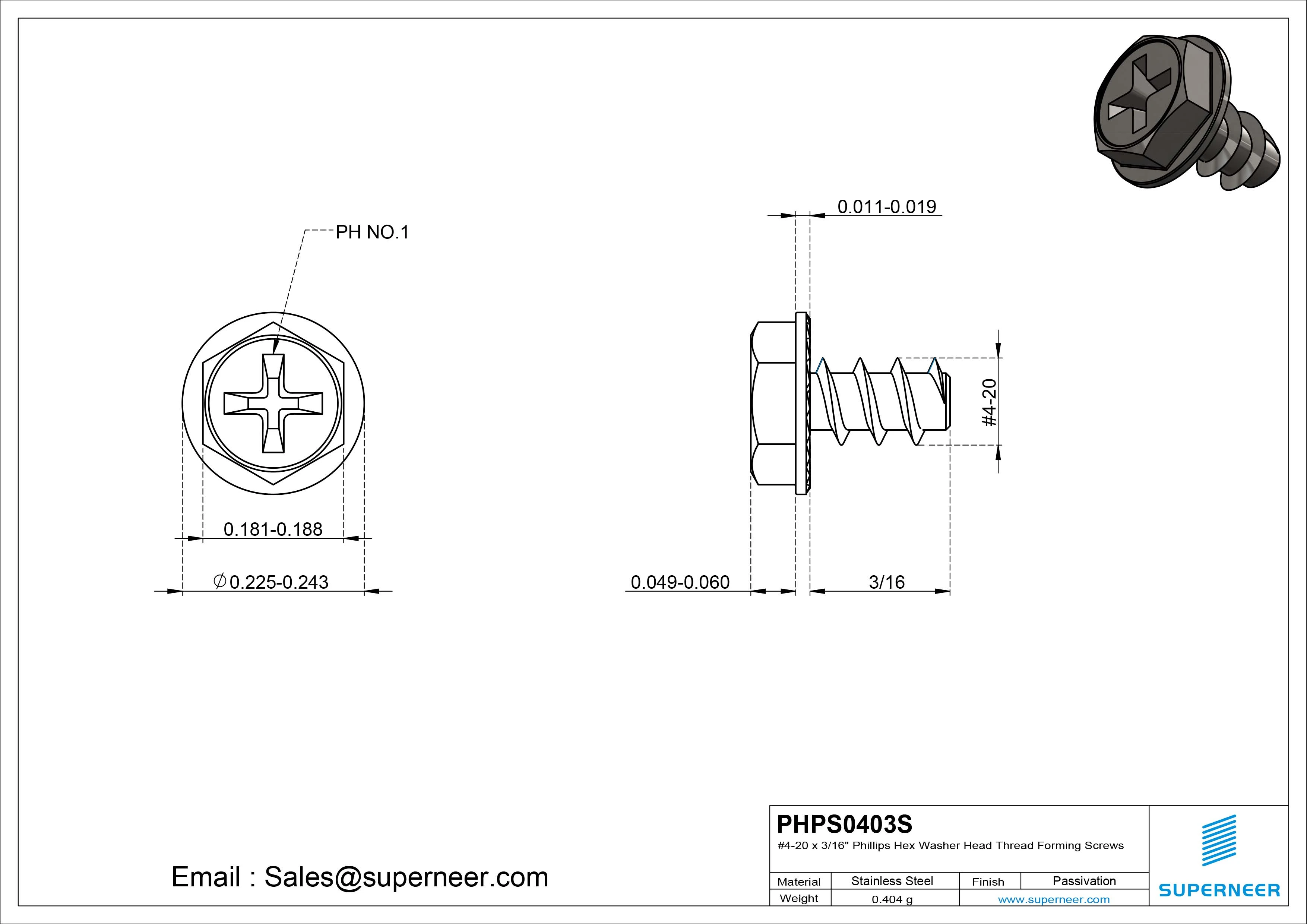 4 &times; 3/16" Hex Washer Serration Head Phillips Thread Forming inch Screws for Plastic  SUS304 Stainless Steel Inox