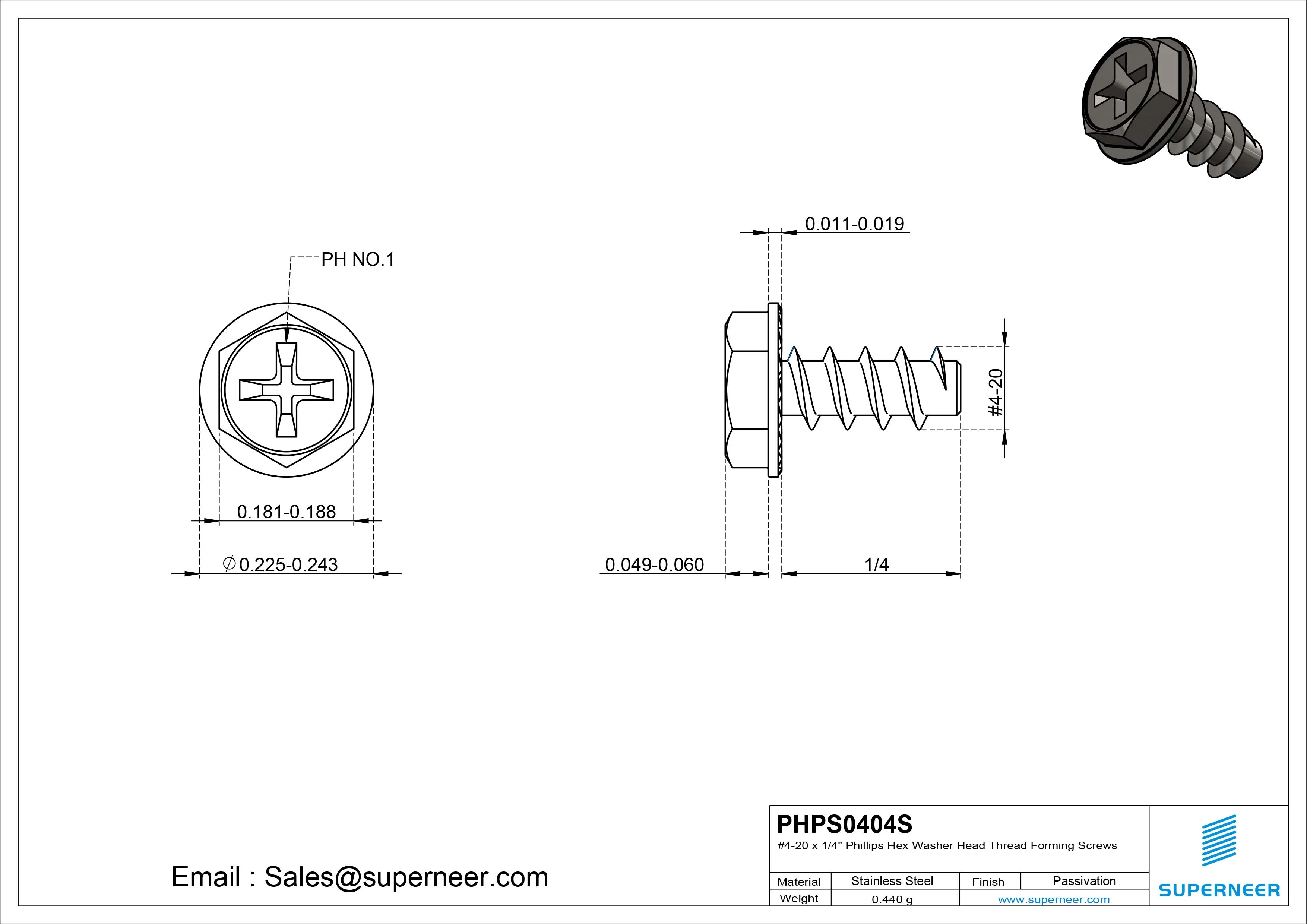 4 &times; 1/4" Hex Washer Serration Head Phillips Thread Forming inch Screws for Plastic  SUS304 Stainless Steel Inox