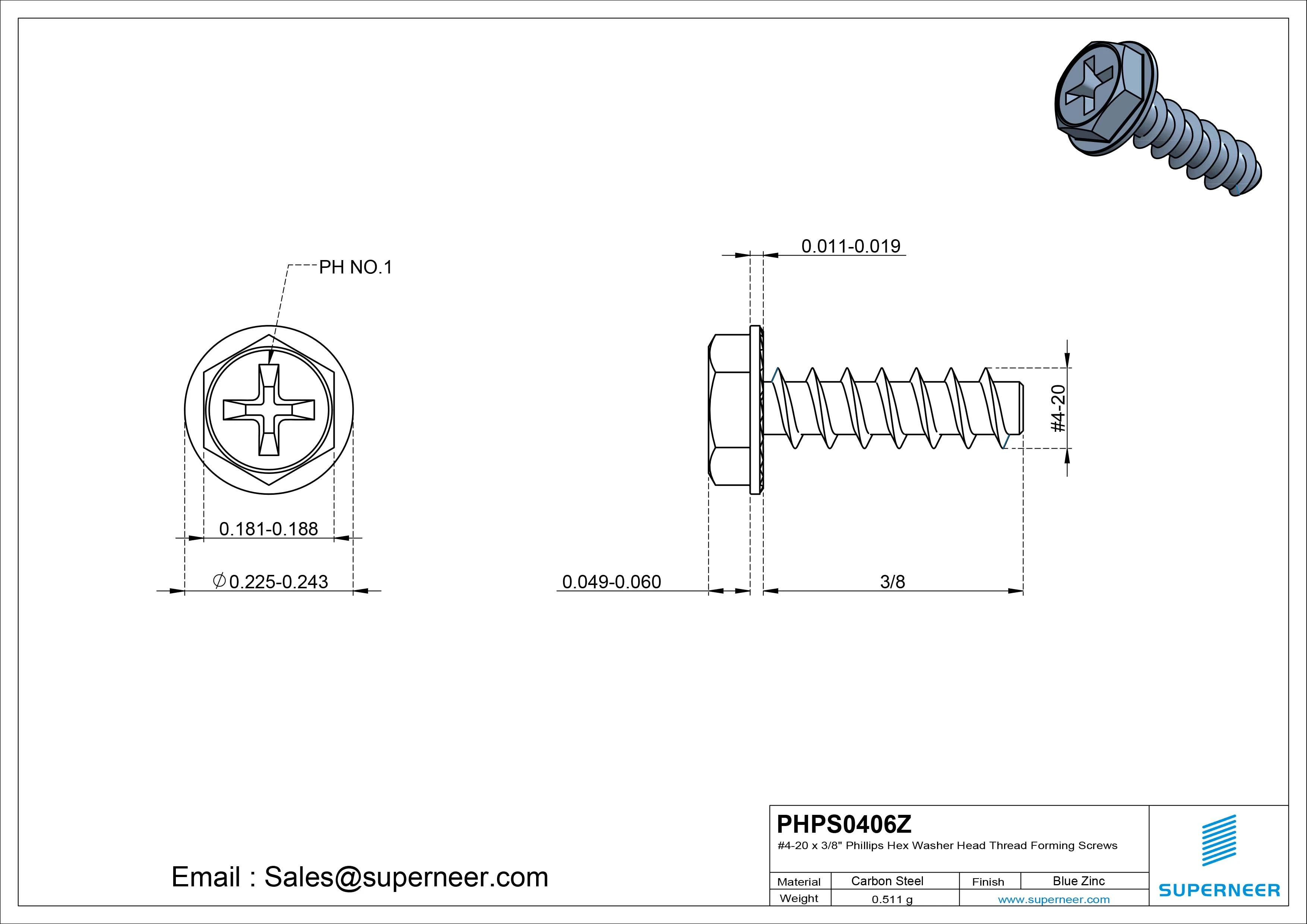 4 &times; 3/8" Hex Washer Serration Head Phillips Thread Forming inch Screws for Plastic  Steel Blue Zinc Plated