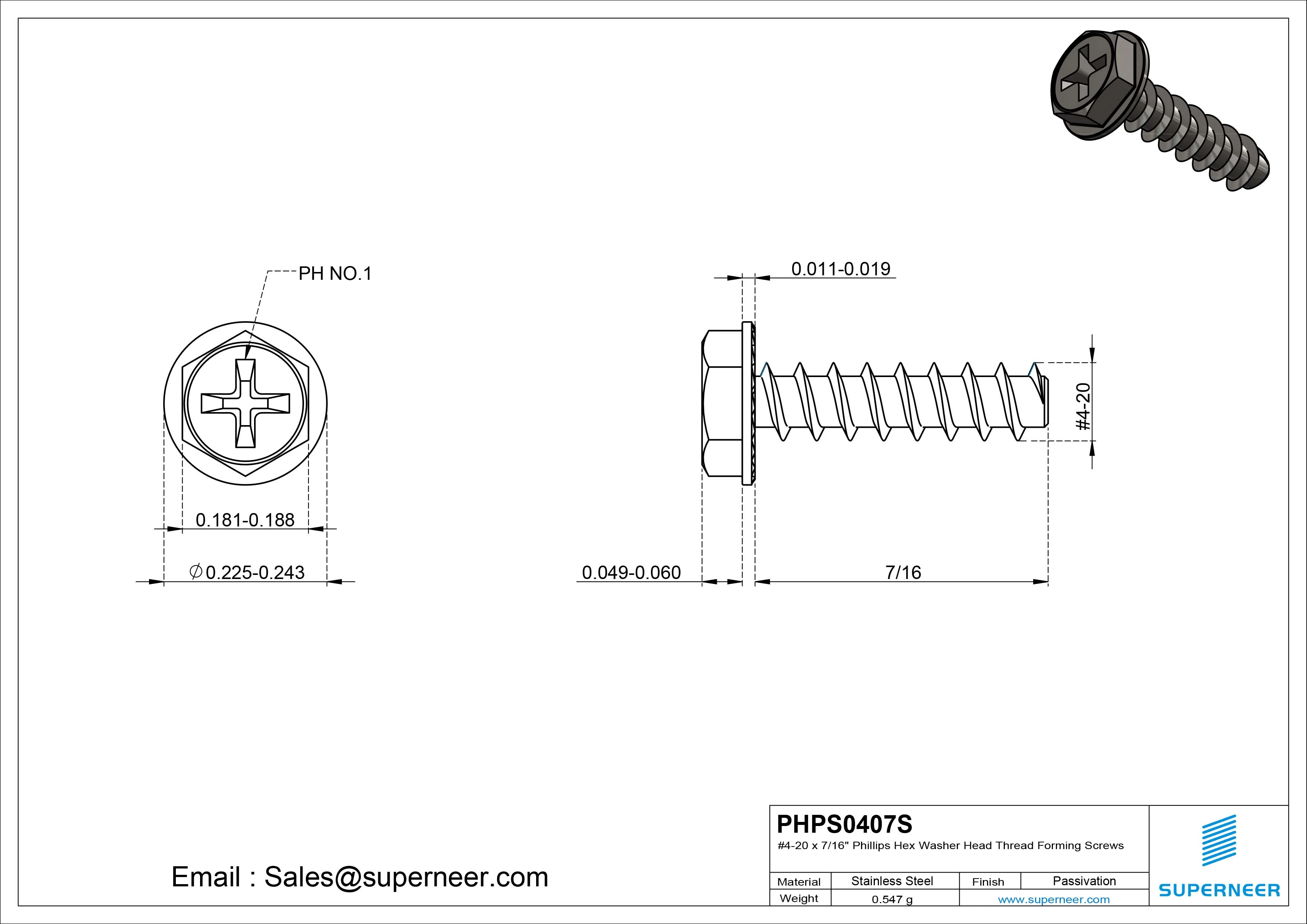 4 &times; 7/16" Hex Washer Serration Head Phillips Thread Forming inch Screws for Plastic  SUS304 Stainless Steel Inox