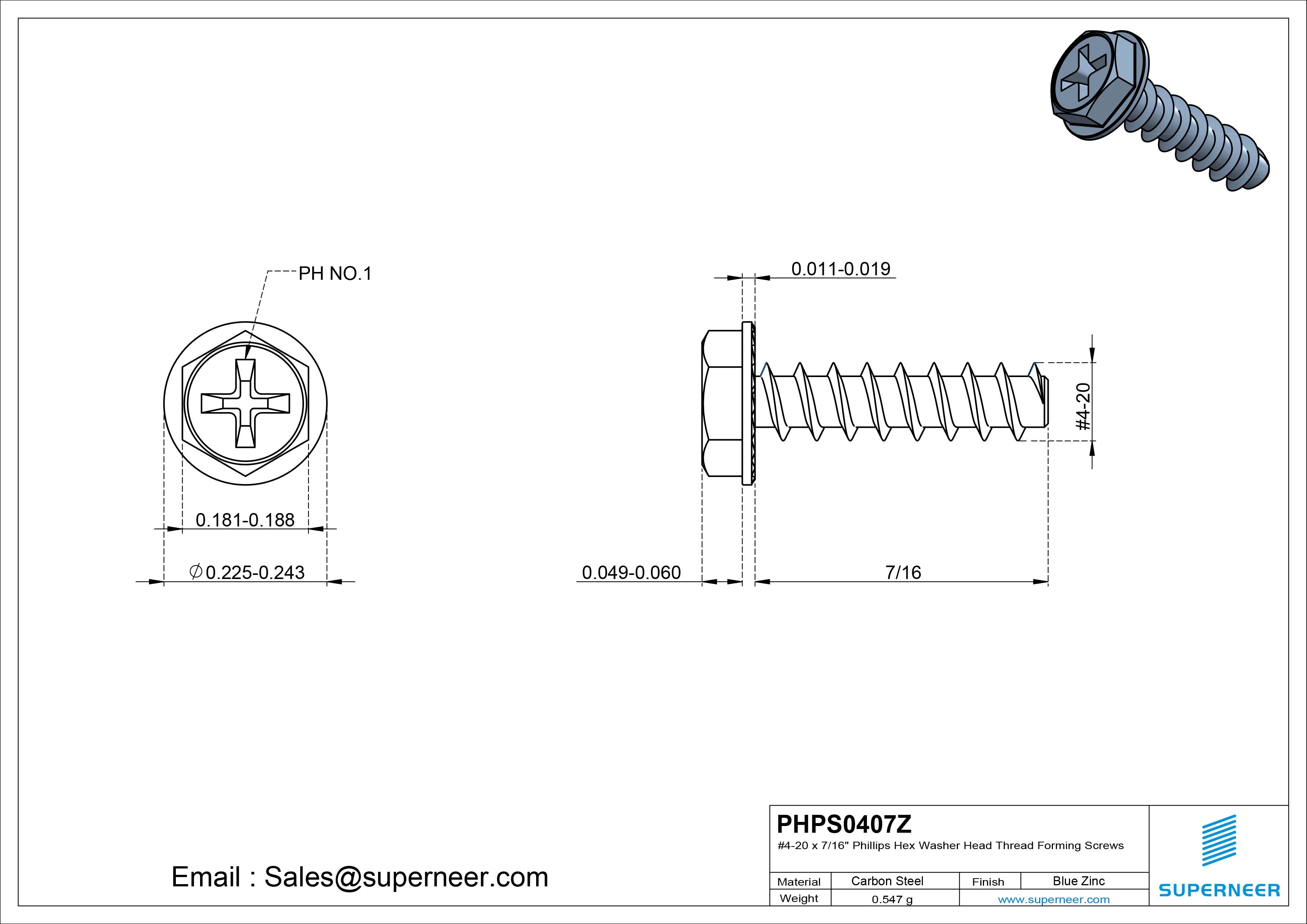 4 &times; 7/16" Hex Washer Serration Head Phillips Thread Forming inch Screws for Plastic  Steel Blue Zinc Plated