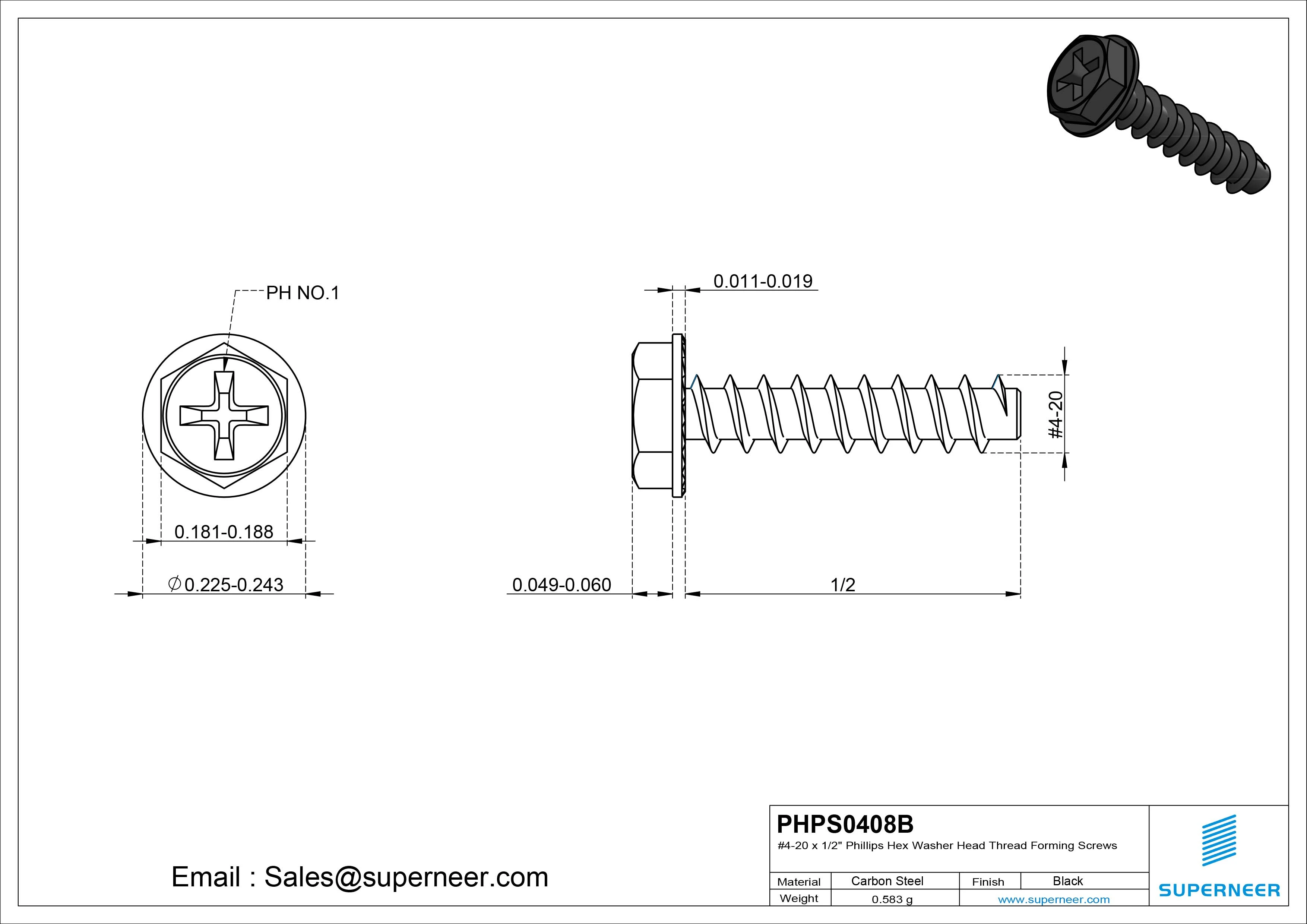 4 &times; 1/2" Hex Washer Serration Head Phillips Thread Forming inch Screws for Plastic  Steel Black