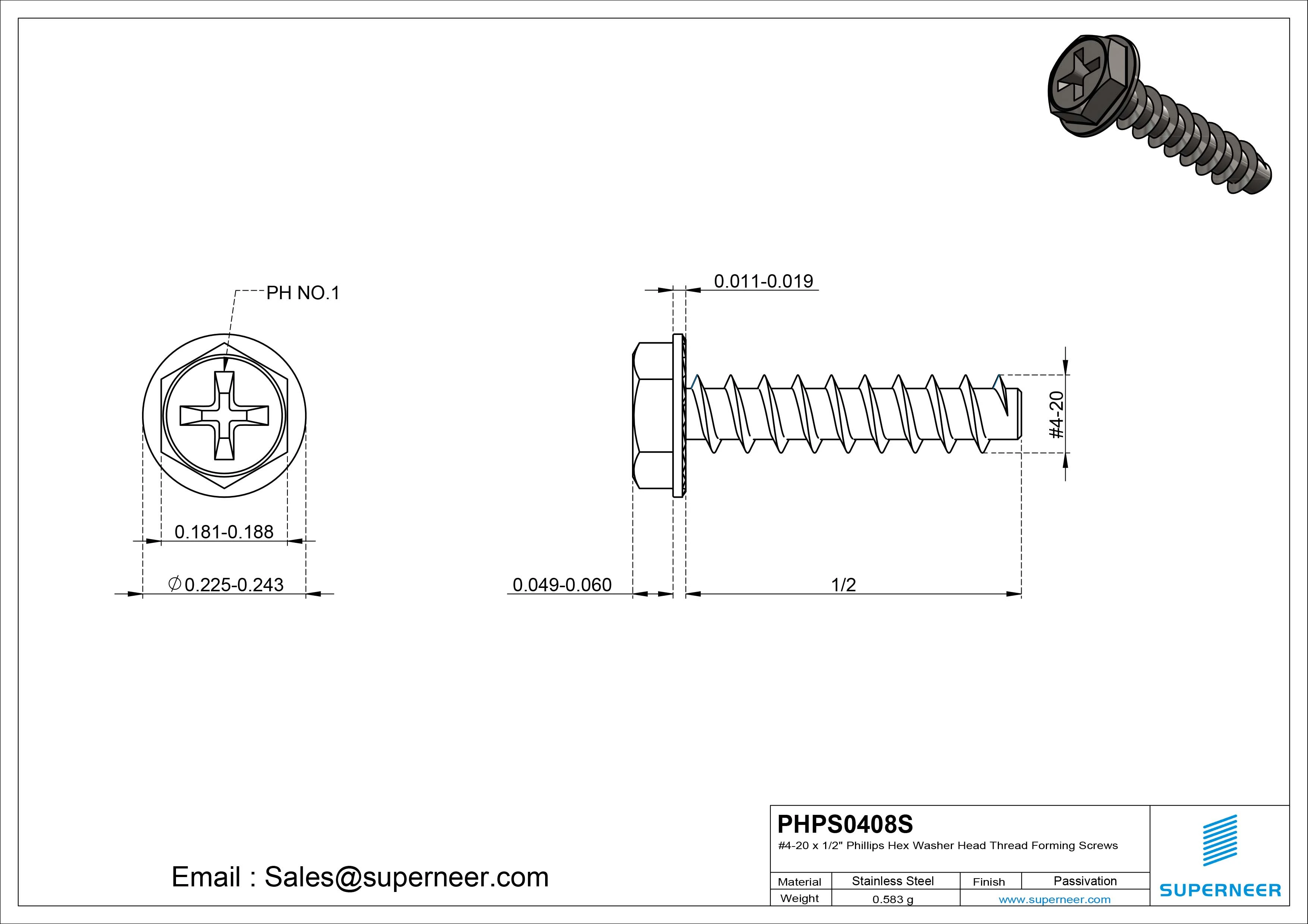4 &times; 1/2" Hex Washer Serration Head Phillips Thread Forming inch Screws for Plastic  SUS304 Stainless Steel Inox