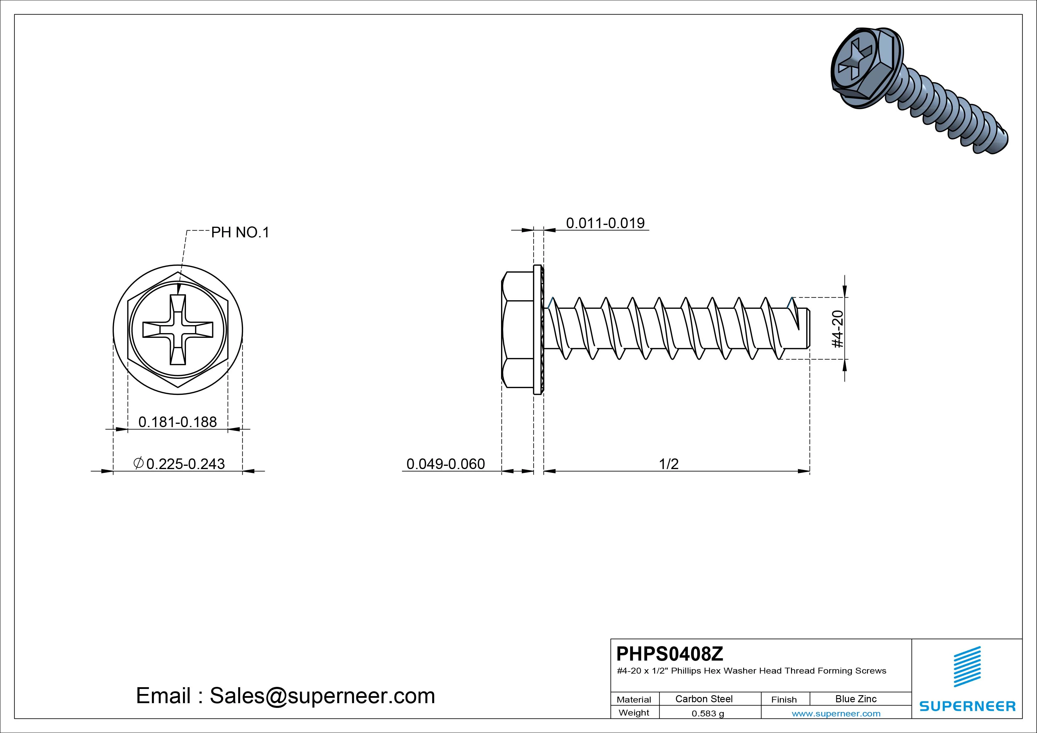 4 &times; 1/2" Hex Washer Serration Head Phillips Thread Forming inch Screws for Plastic  Steel Blue Zinc Plated
