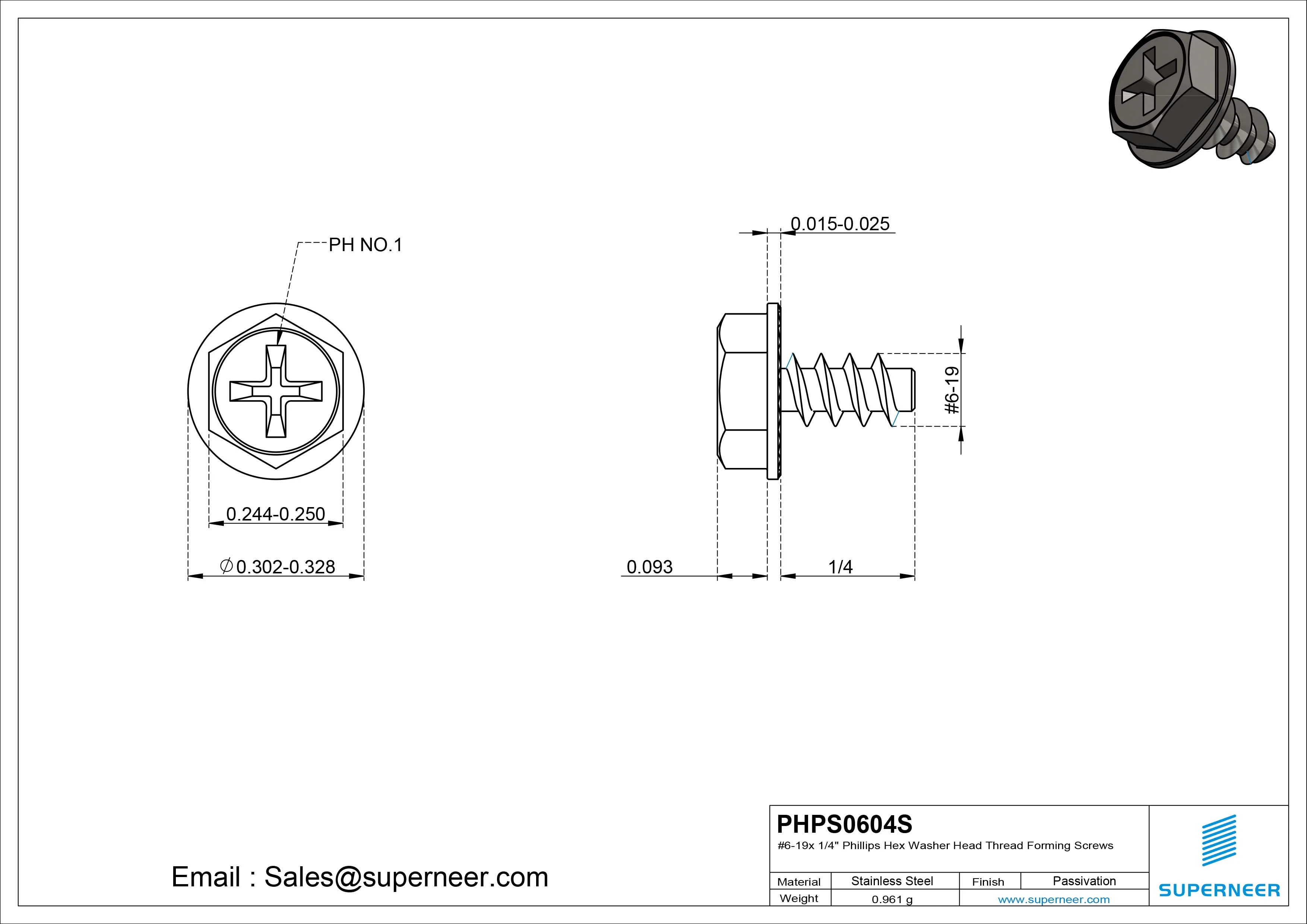 6 &times; 1/4" Hex Washer Serration Head Phillips Thread Forming inch Screws for Plastic  SUS304 Stainless Steel Inox