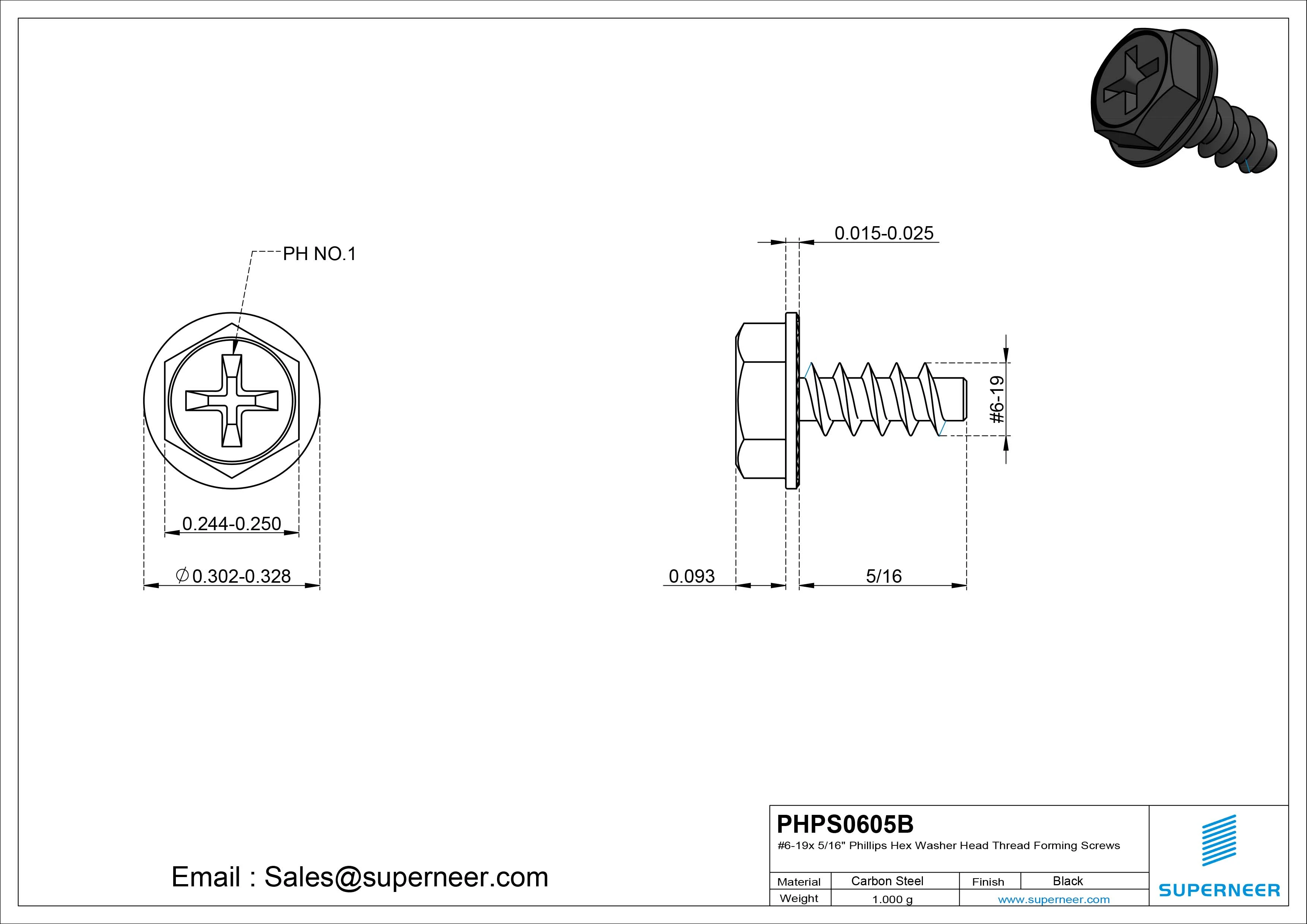 6 &times; 5/16" Hex Washer Serration Head Phillips Thread Forming inch Screws for Plastic  Steel Black