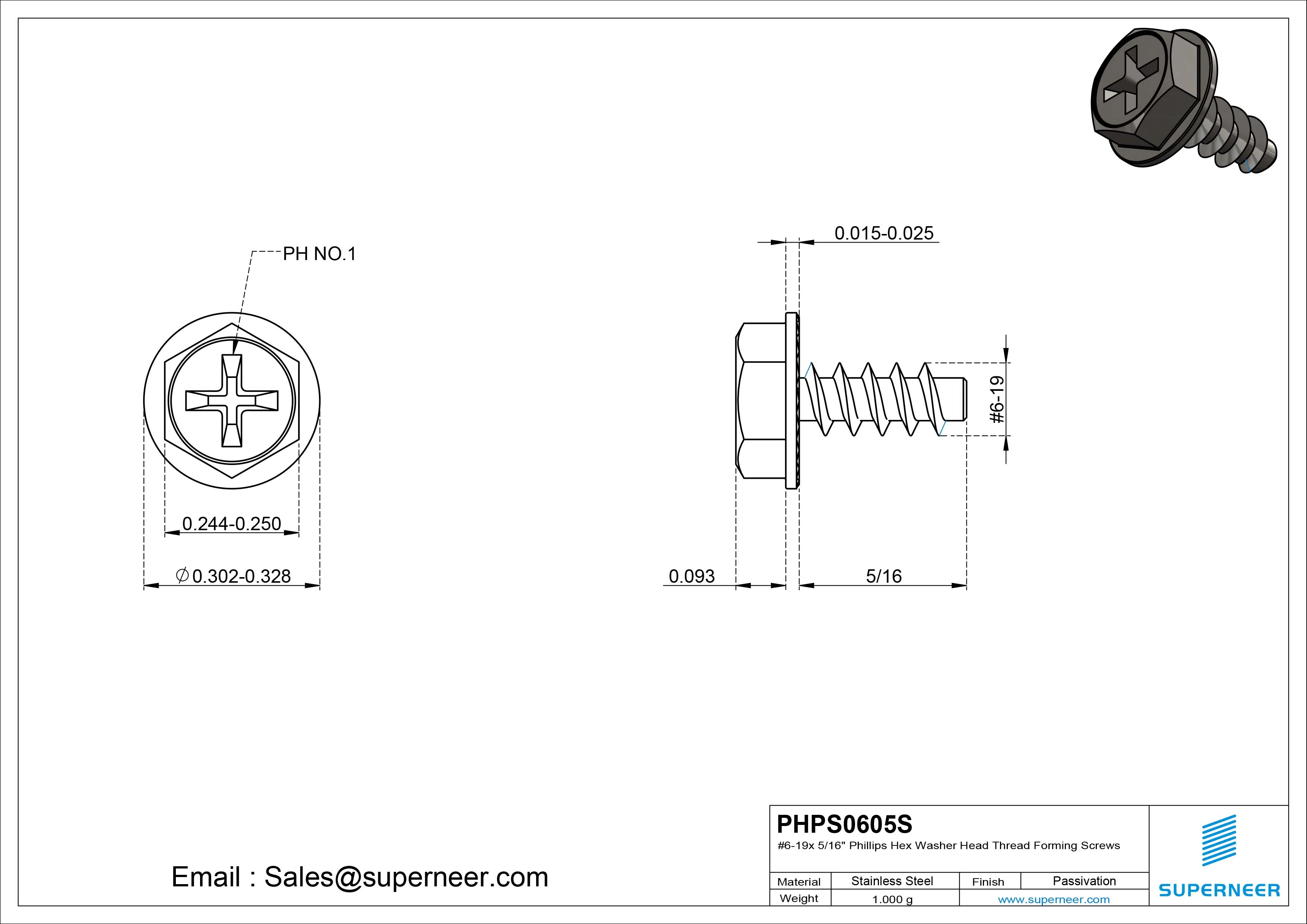 6 &times; 5/16" Hex Washer Serration Head Phillips Thread Forming inch Screws for Plastic  SUS304 Stainless Steel Inox