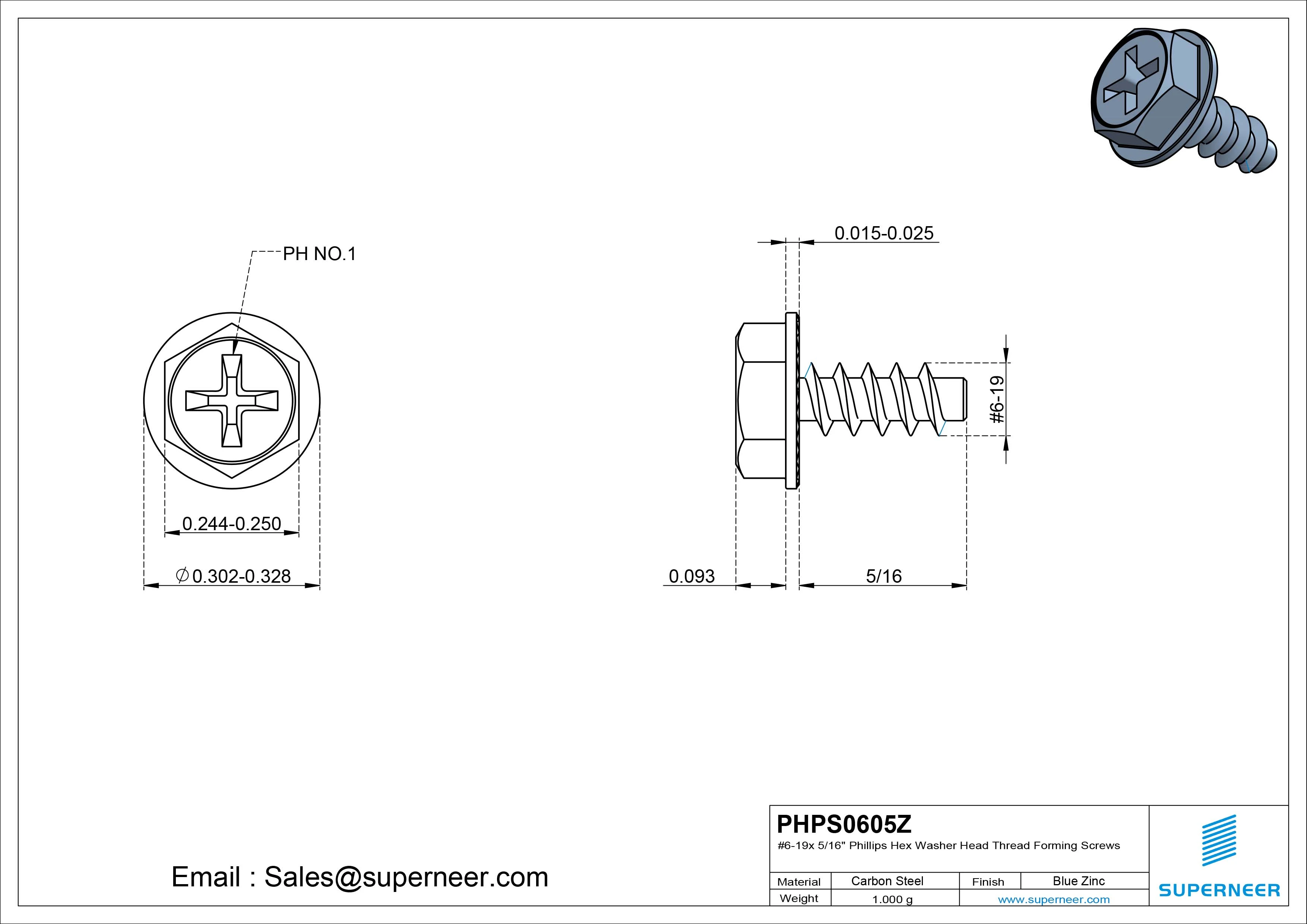6 &times; 5/16" Hex Washer Serration Head Phillips Thread Forming inch Screws for Plastic  Steel Blue Zinc Plated